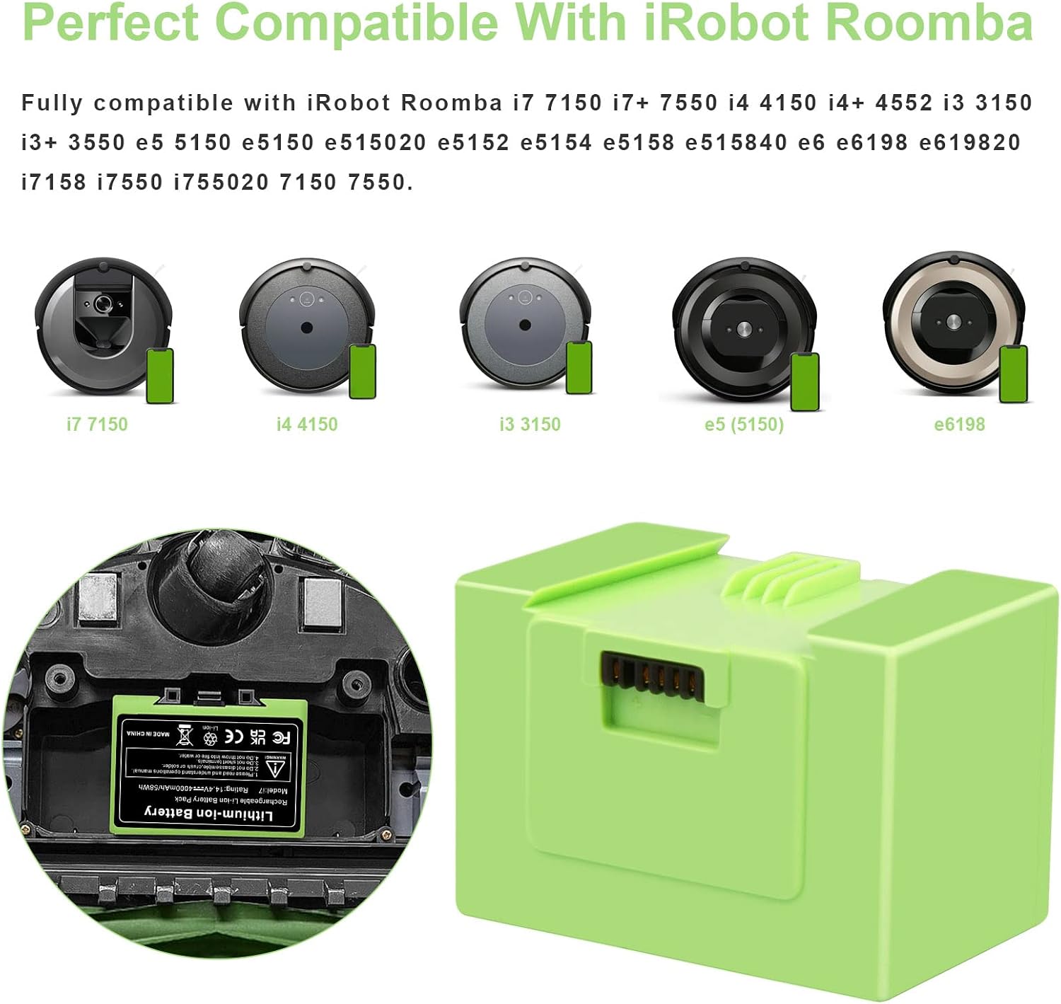 Detalle de ASUNCELL Ersatzakku für i7, Li-ion-accu 14,4 V en 4000 mAh voor Roomba