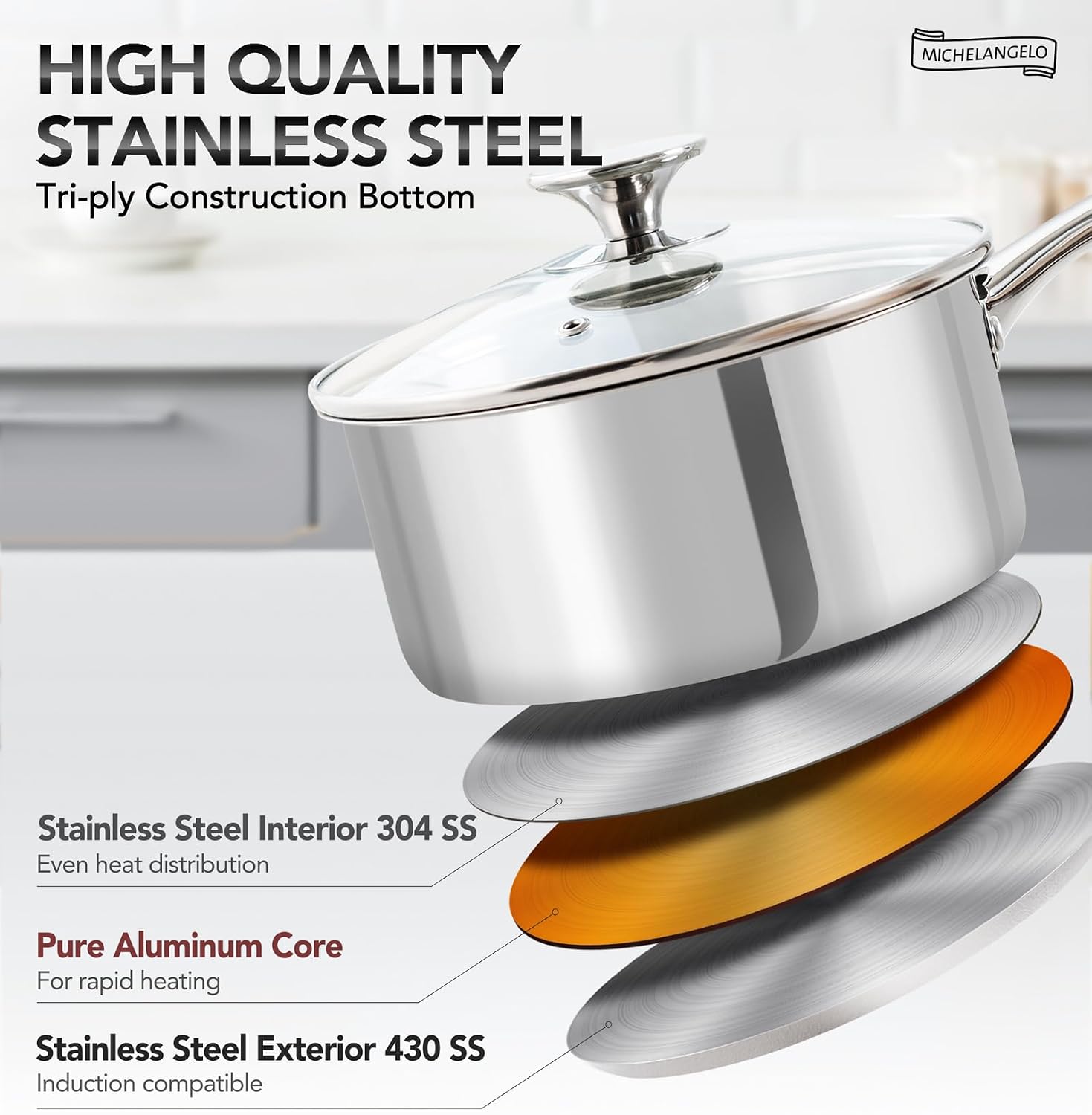 Thumbnail 4 de Michelangelo Stainless Steel Saucepan Set 1QT & 3QT with Lids 🥘