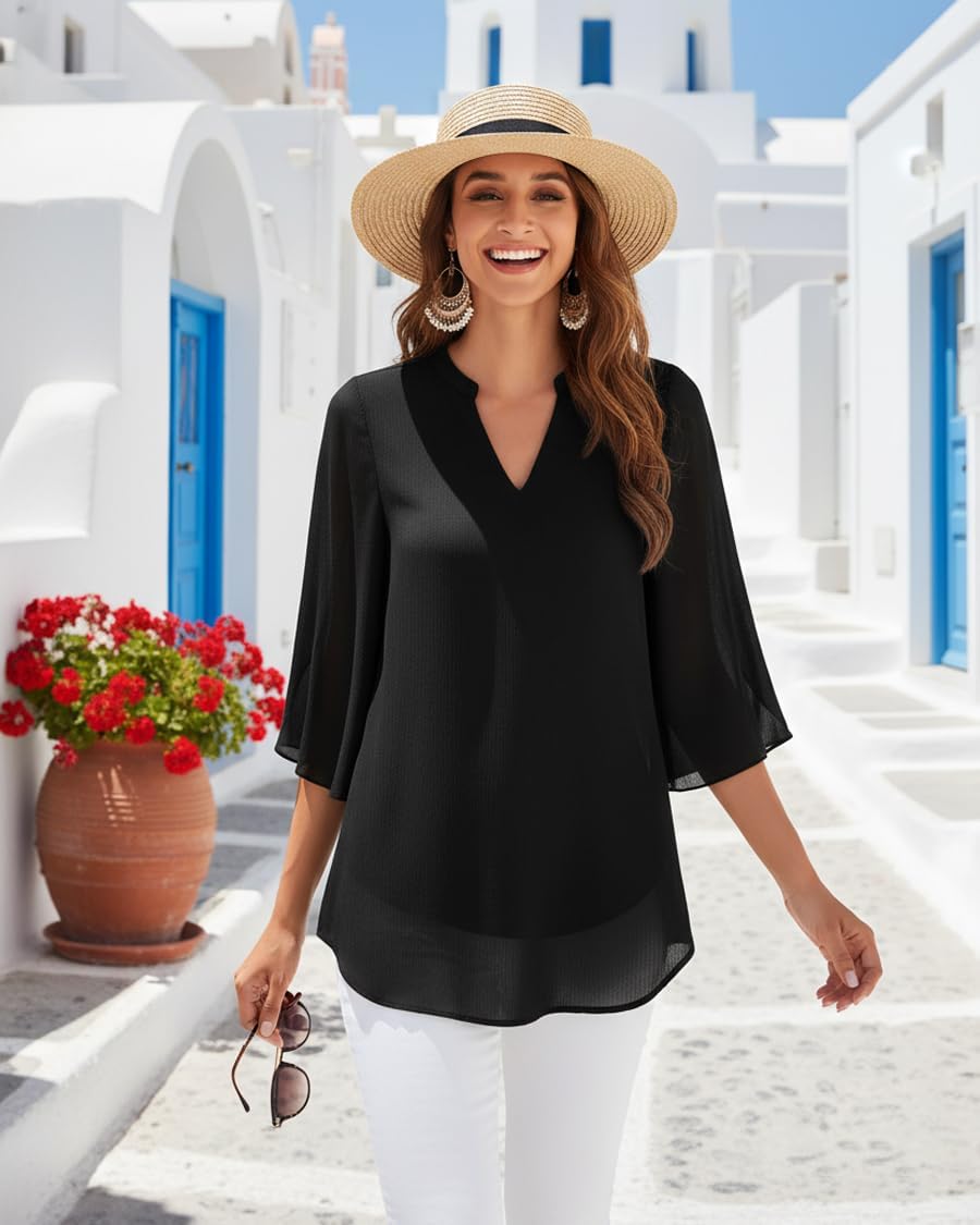 Thumbnail 1 de Bebonnie Women’s Dressy Casual Ruffle 3/4 Sleeve V-Neck Chiffon Blouse