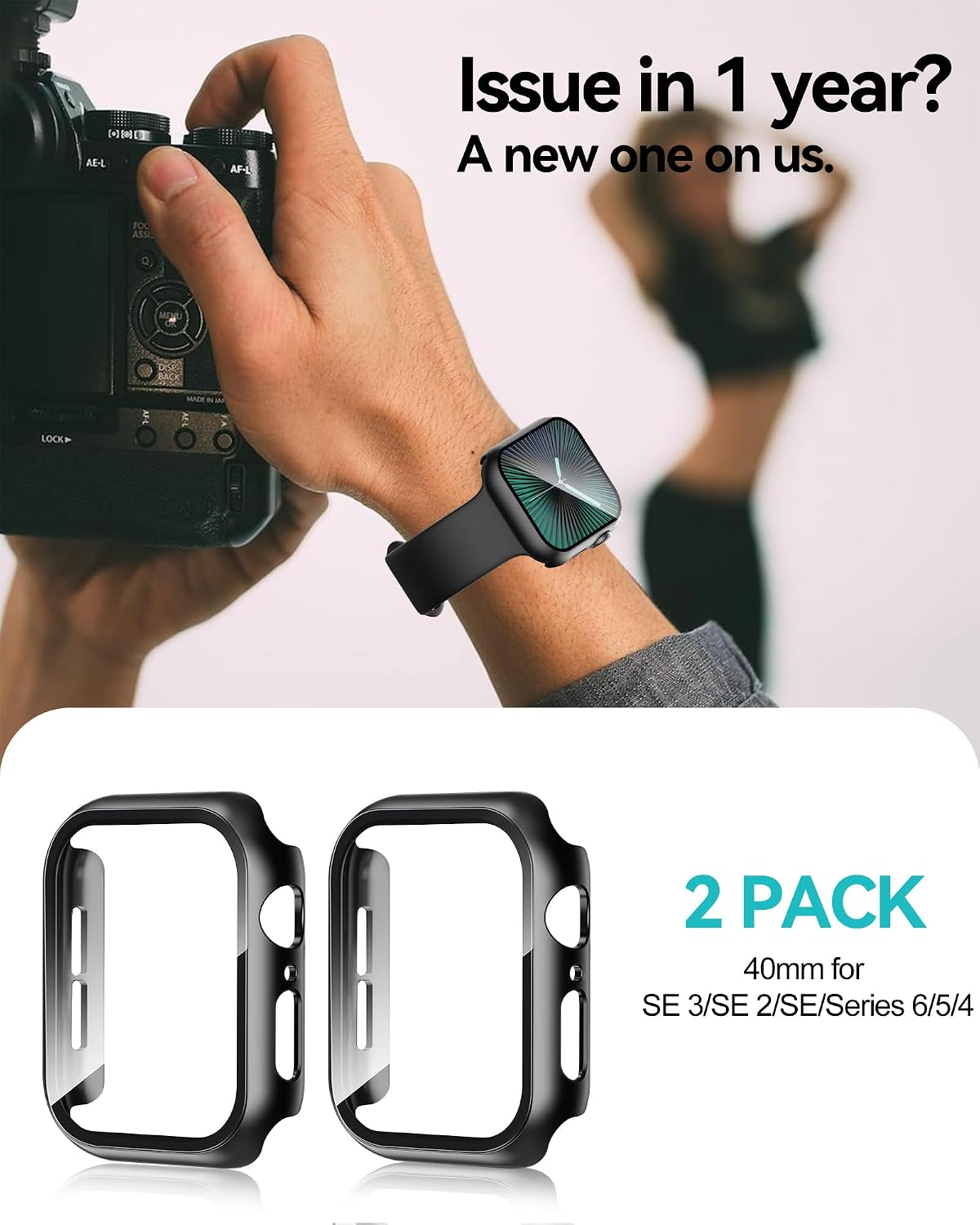 Detalle de Smiling 2-Pack Apple Watch Case for 40mm Models, Black PC and Tempered Glass
