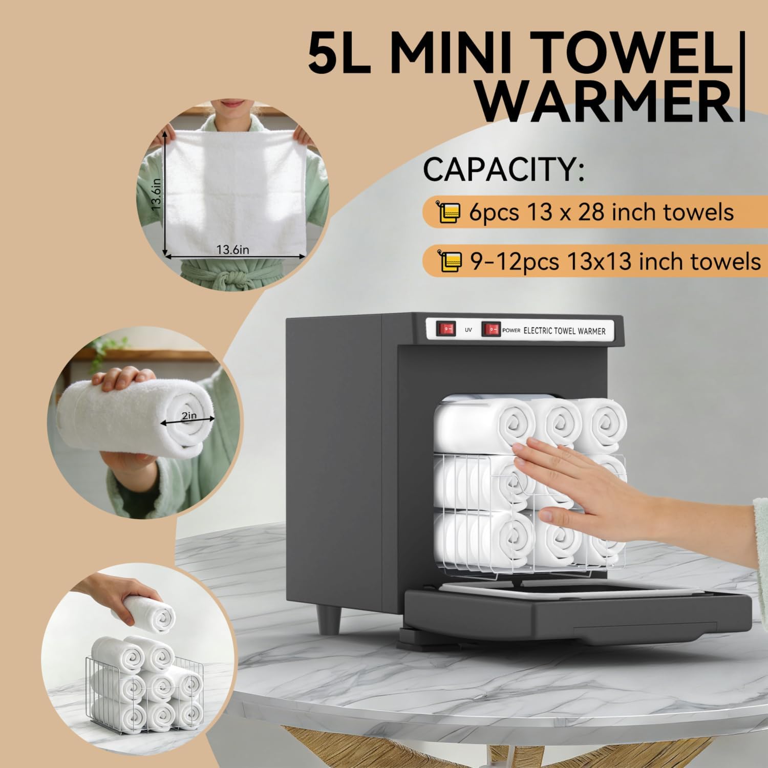 Detalle de VERYTOP 5L Towel Warmer, Black Compact Cabinet with Aluminum Interior and UV Light