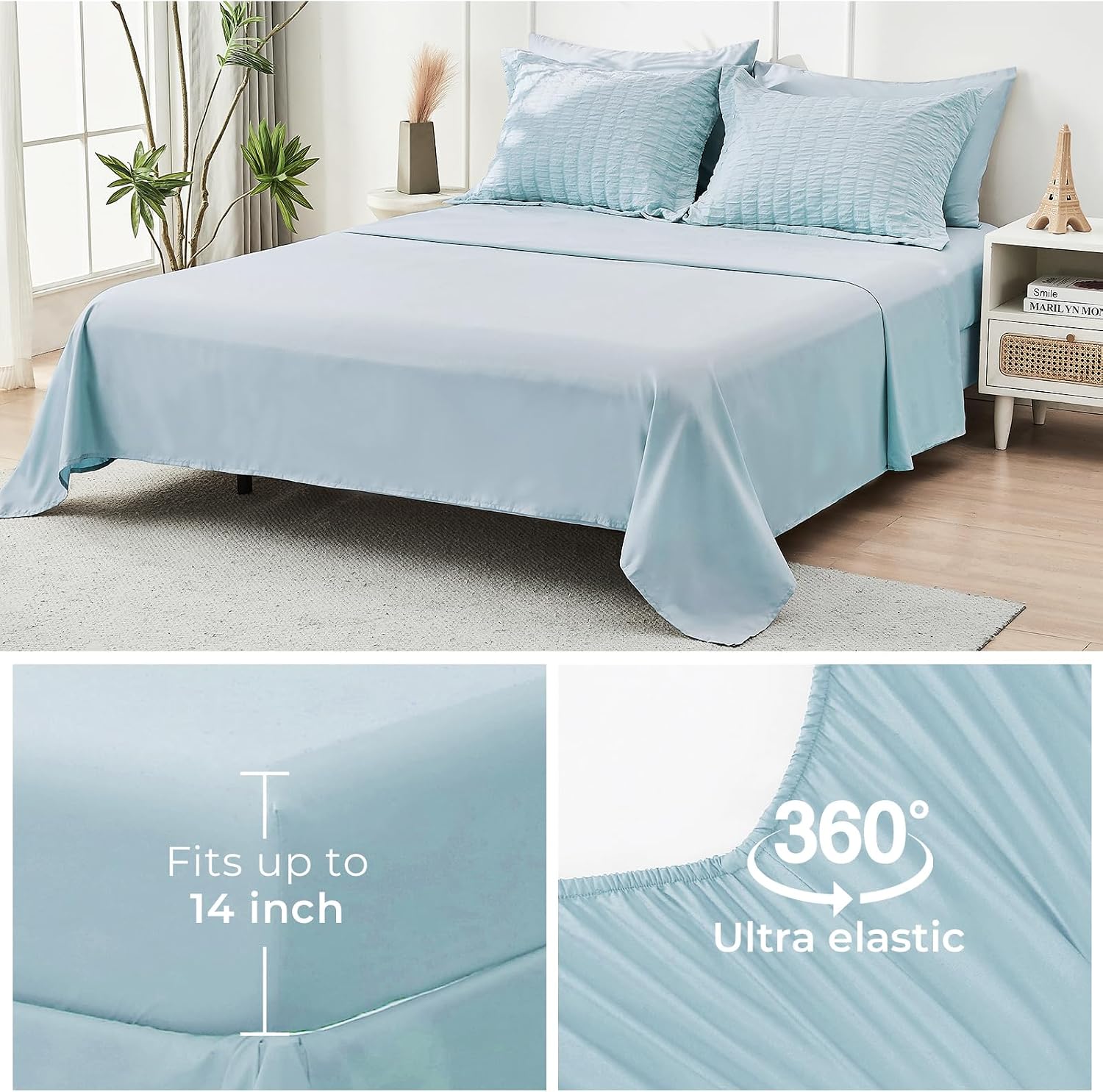 Detalle 1 de HYMOKEGE Lake Blue King Seersucker Comforter Set, 7-Piece Bed in a Bag