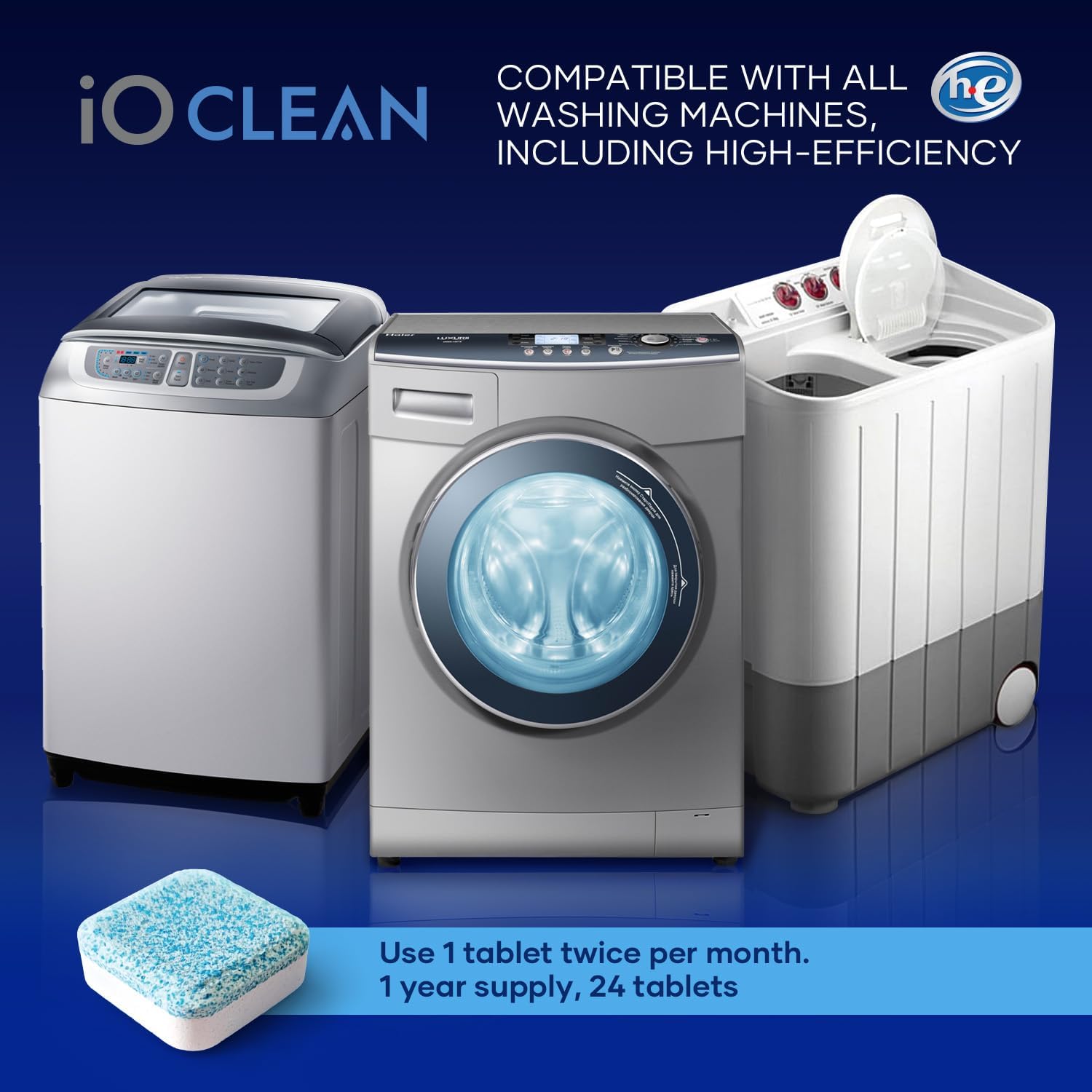 Detalle 2 de iO CLEAN Washing Machine Cleaner & Descaler Tablets, 24 Count, Unscented