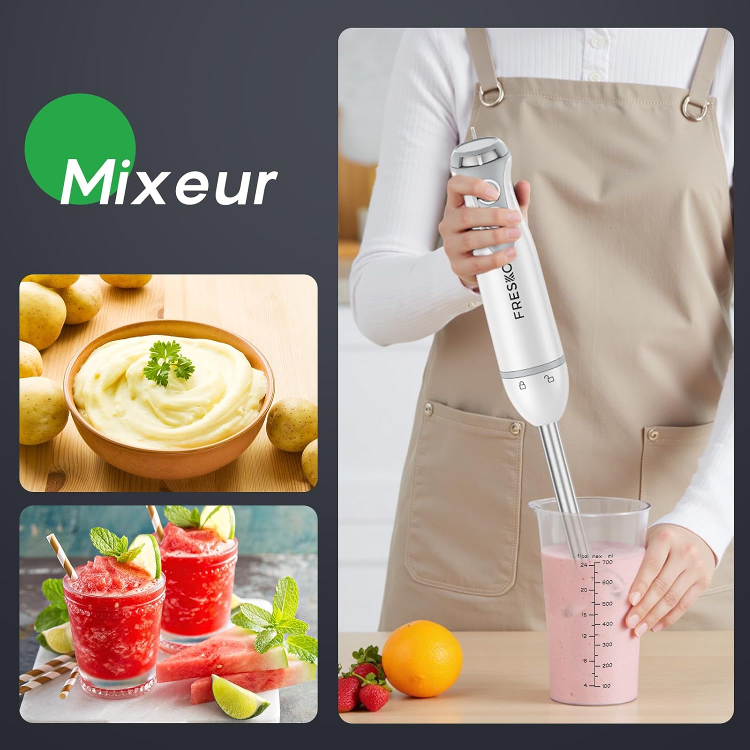 Thumbnail 5 de FRESKO Mixeur plongeant 4 en 1 HB3303 (1000 W) avec hachoir 500 ml et verre doseur 700 ml