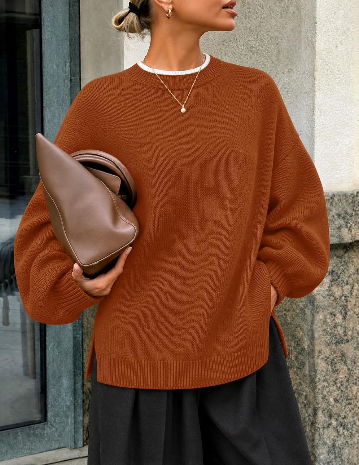 Detalle de ZESICA Oversized Women's Crewneck Sweater with Lantern Sleeves and Contrast Trim