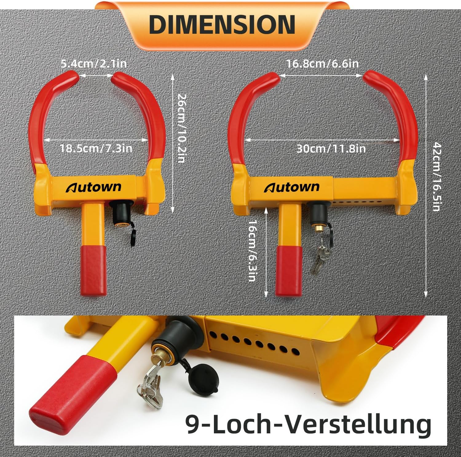 Detalle de AUTOWN Parkkralle Radkralle mit Hochsicherheitsschloss | 18–30 cm, Gelb/Rot, 3 Schlüssel