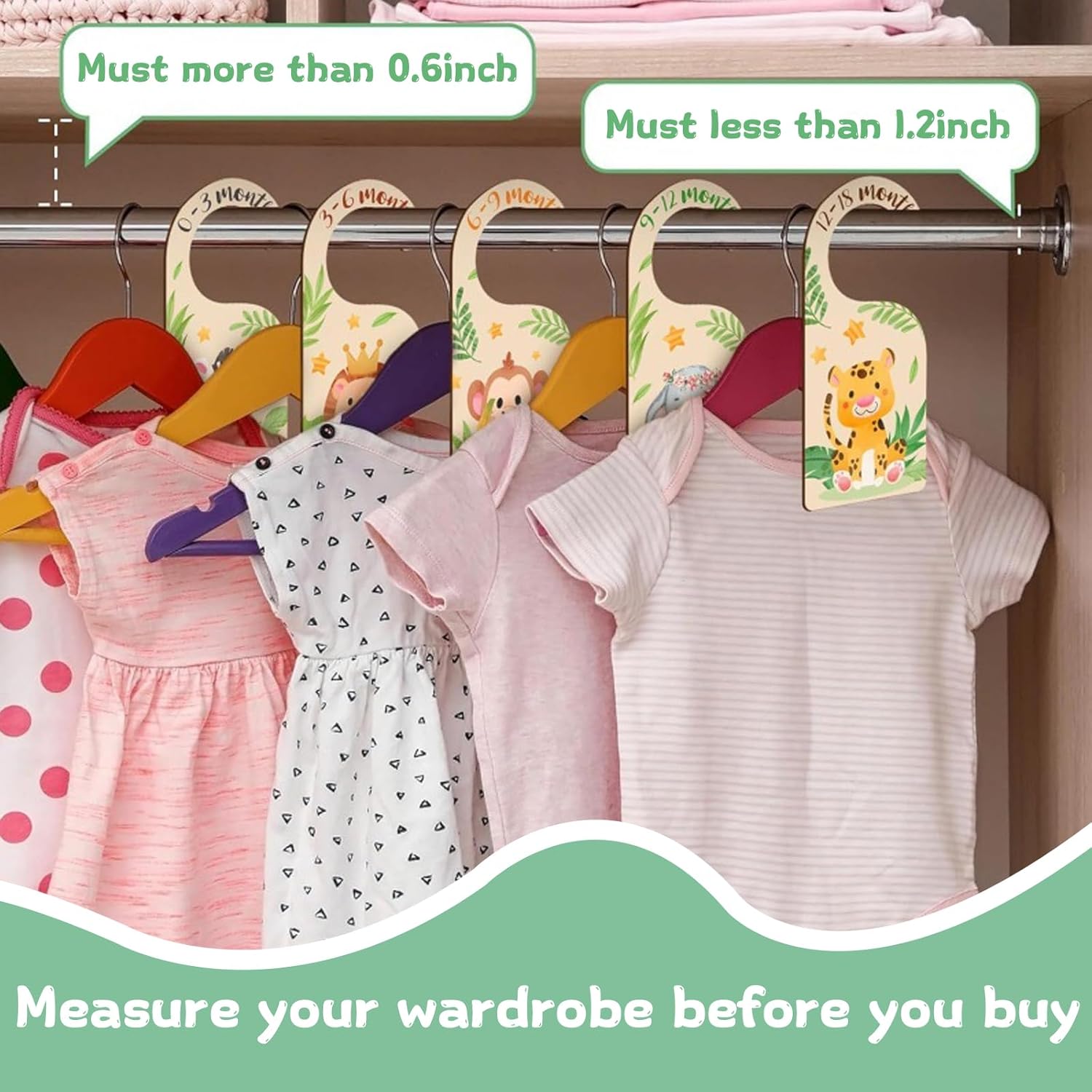 Thumbnail 4 de 8Pcs Baby Wardrobe Dividers (Wood) – Cartoon Animal Double-Sided Age Hangers for 0–24 Months & Toddlers