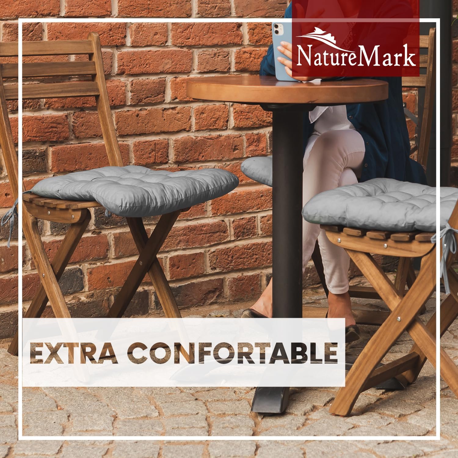 Thumbnail 1 de NatureMark lot de 4 galettes de chaise grises argentées 40 x 40 cm avec rubans (épaisseur 3 cm)