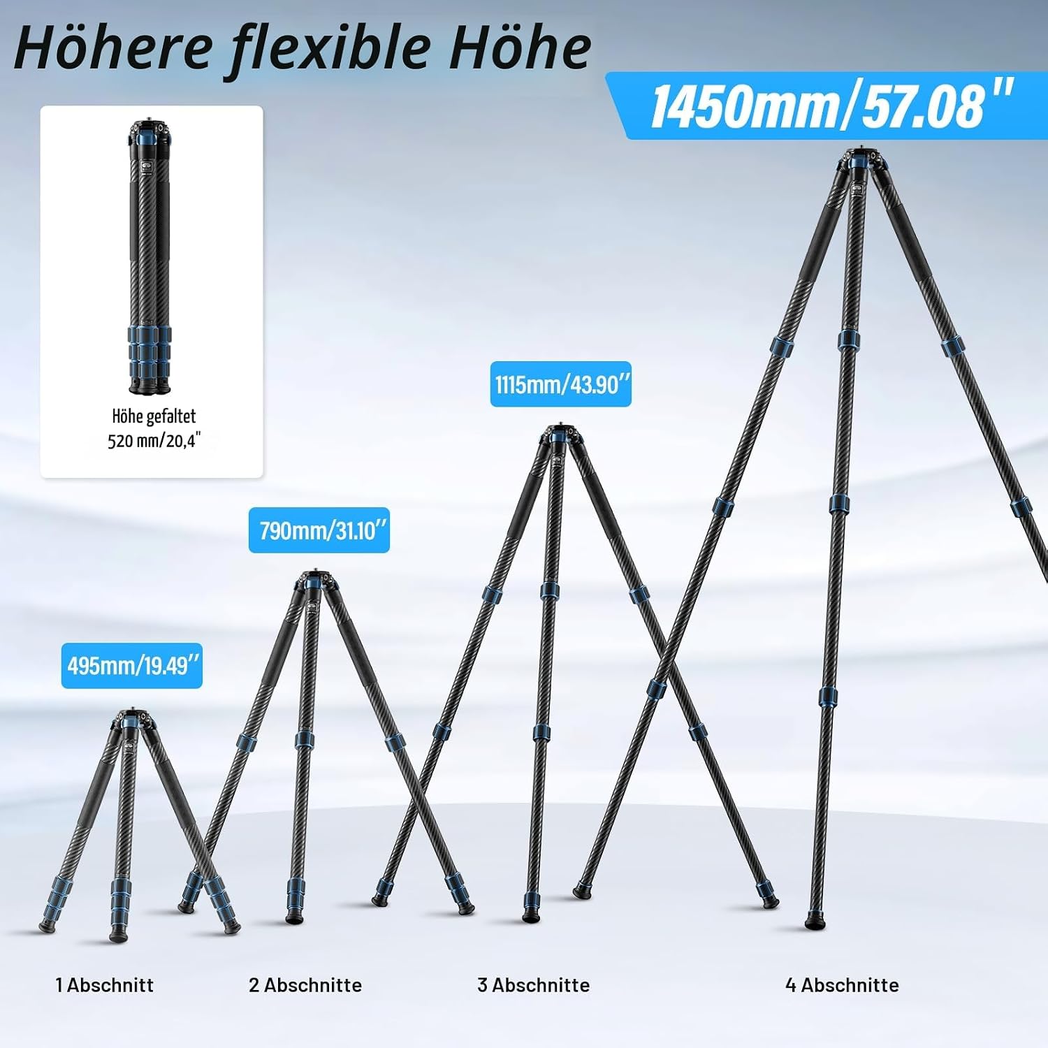 Detalle de SIRUI AM-324 Kohlefaser-Kamerastativ & Reisestativ (4 Sektionen) – belastbar bis 19 kg, ohne Mittelsäule