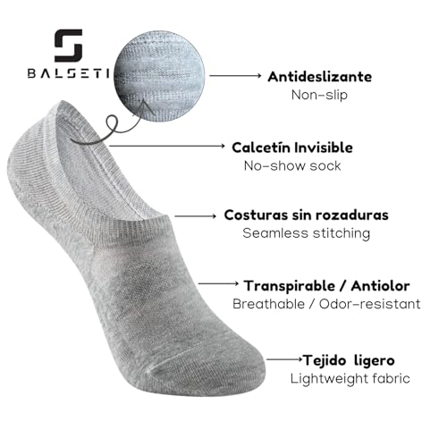 Detalle 2 de Balseti 6 pares de calcetines invisibles para hombre y mujer – Pinkies de algodón transpirable (blanco, negro, gris, beige, azul)
