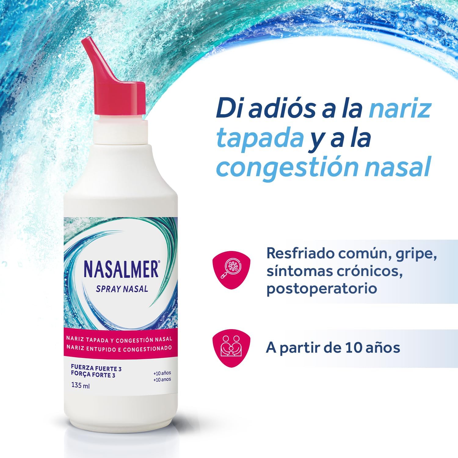Thumbnail 2 de Nasalmer Fuerte 3 – Spray nasal de agua de mar isotónica, 135 ml, para congestión en adultos y niños a partir de 10 años