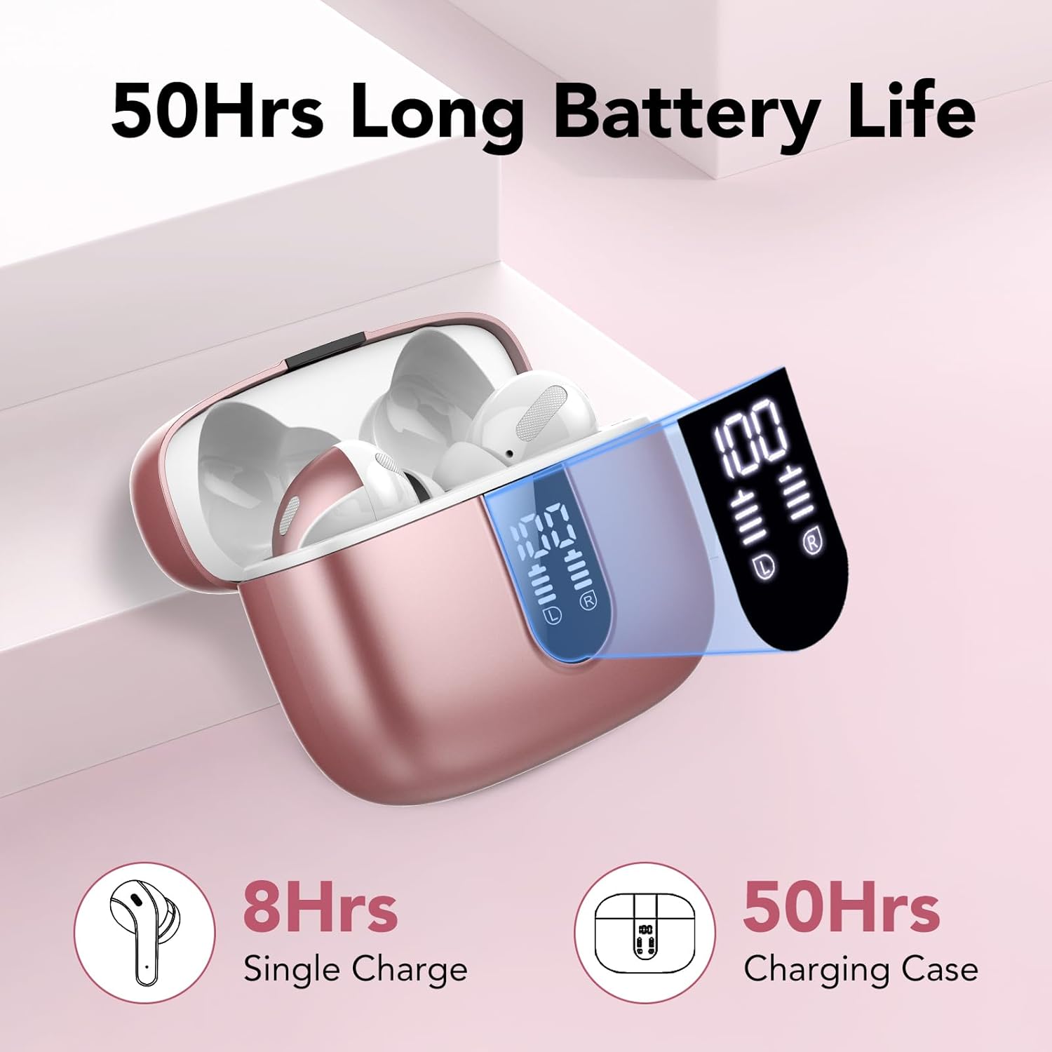 Detalle de Bluetooth Kopfhörer In Ear, Kabellos, 5.3, 50 h Gesamtspielzeit, IPX7, Roségold