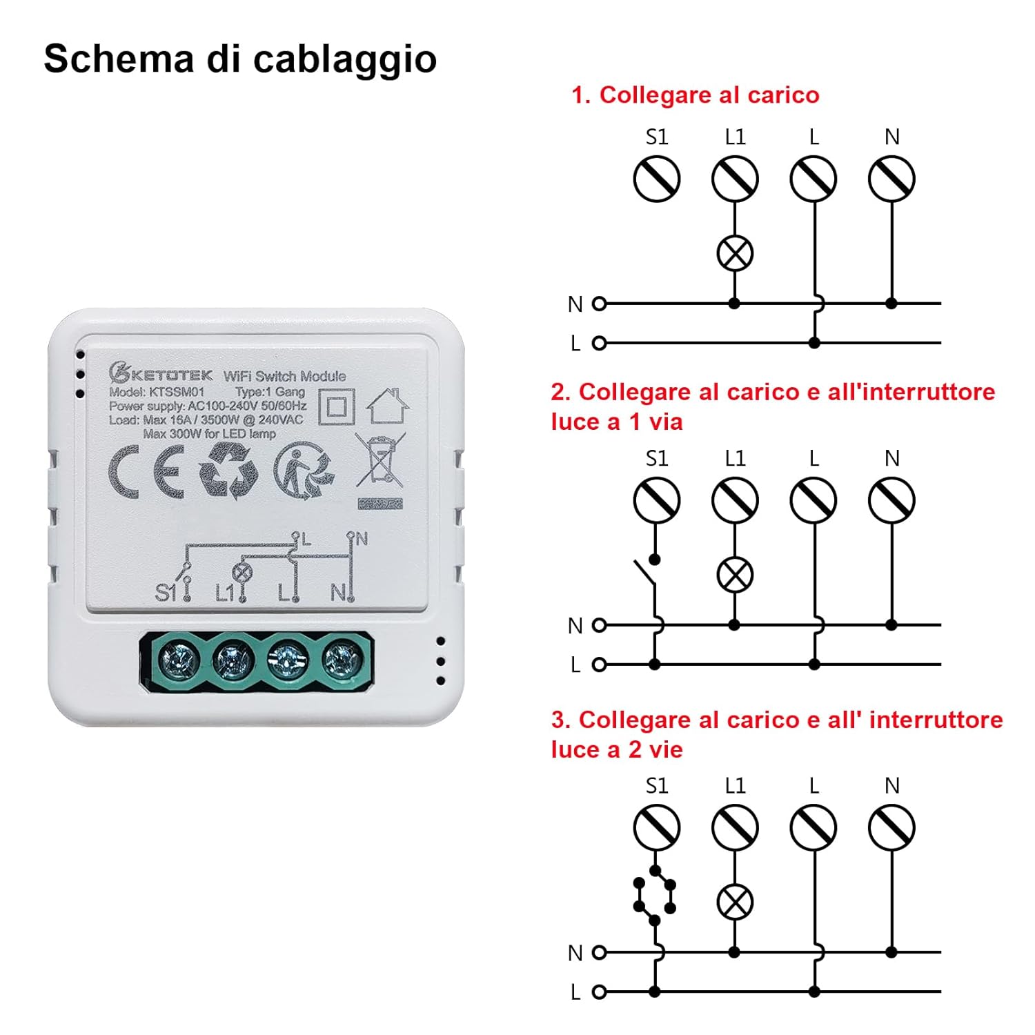 Thumbnail 6 de KETOTEK Relè Interruttore Smart WiFi 16A 1 Gang/1-2 vie con Alexa (richiede filo di neutro)