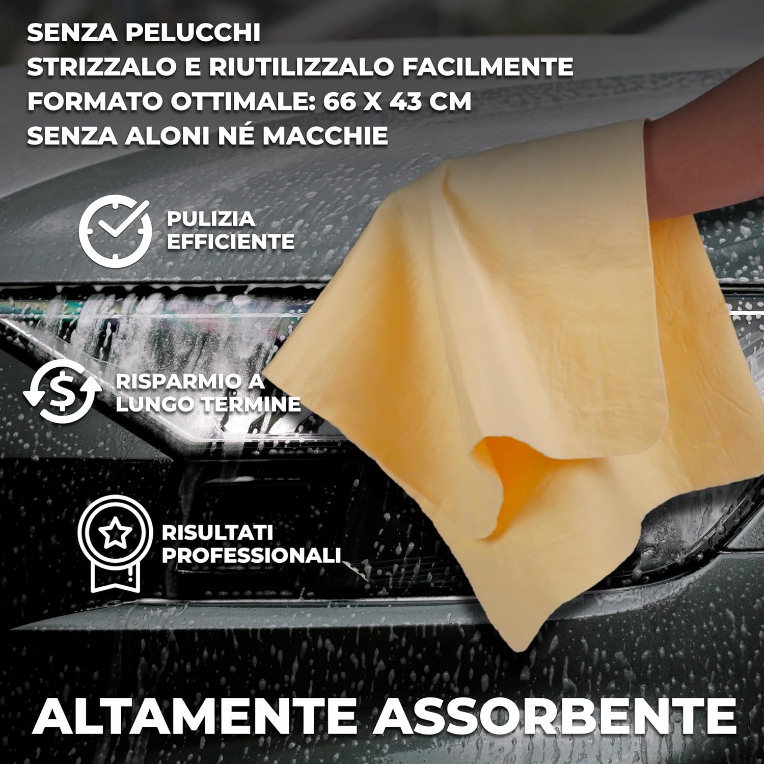 Detalle de Vehilex Set Panni Microfibra Ultra Assorbenti 4x 40x40 cm + Pelle di Daino 66x43 cm – 600 GSM