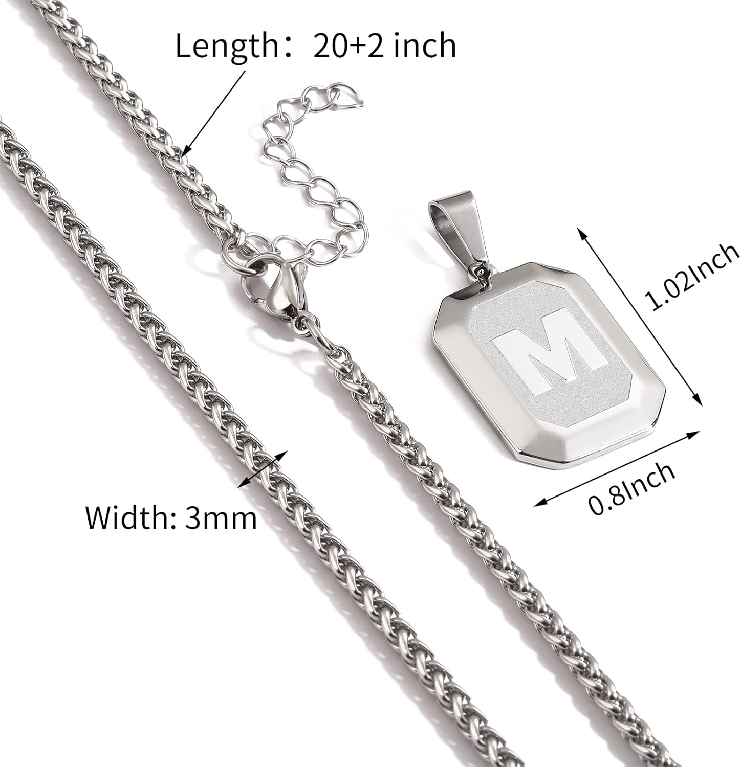 Thumbnail 5 de Miss Chipmunk Initial A-Z Halskette für Männer – quadratischer Anhänger, 316L Edelstahl, 20+2 Zoll Weizenkette