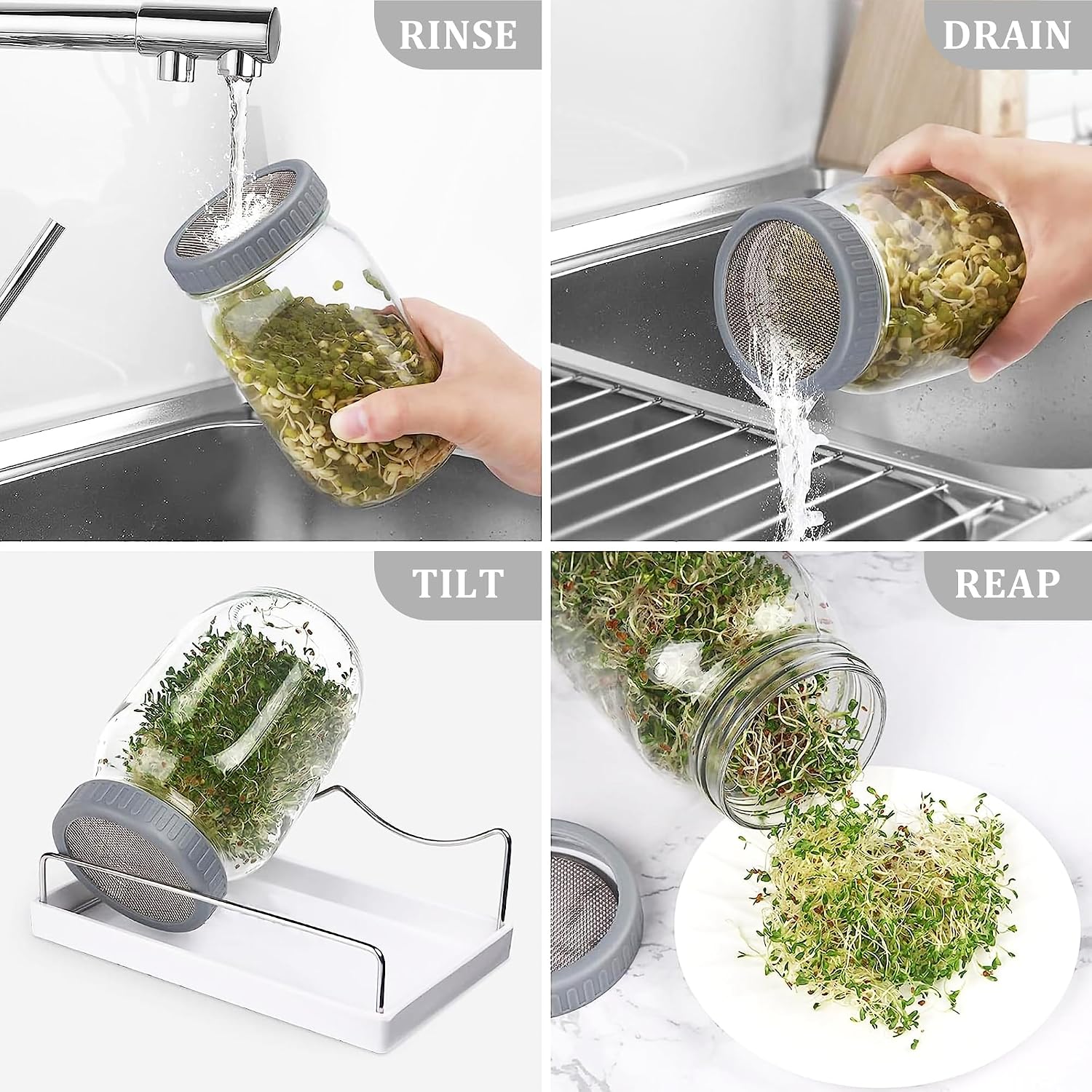 Detalle de Kitmiido Sprouting Kit Mason Jar Sprouter, 2 Wide-Mouth Jars, Stand and Tray