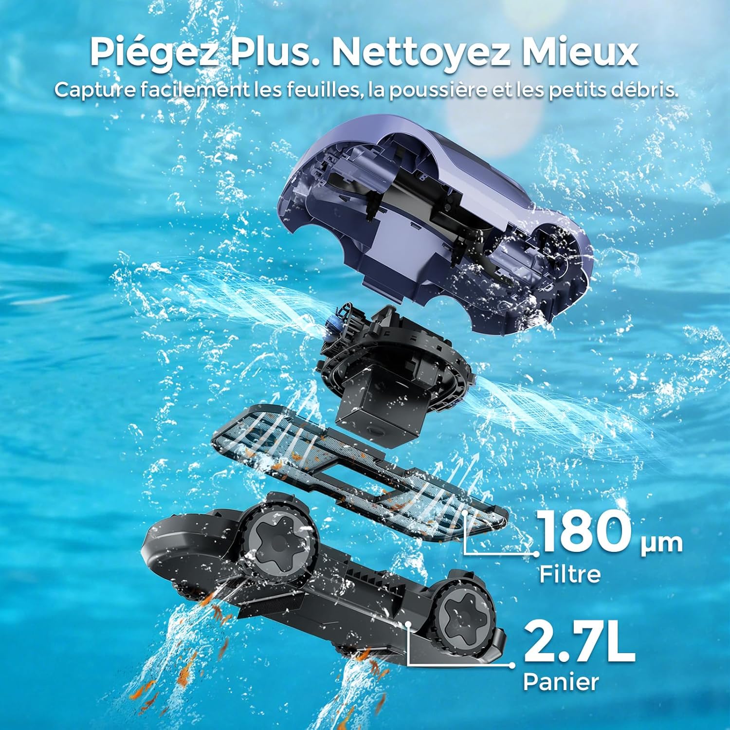 Detalle de Robot Piscine sans Fil C5 : nettoyeur de piscine jusqu'à 200 m², autonomie de 180 minutes