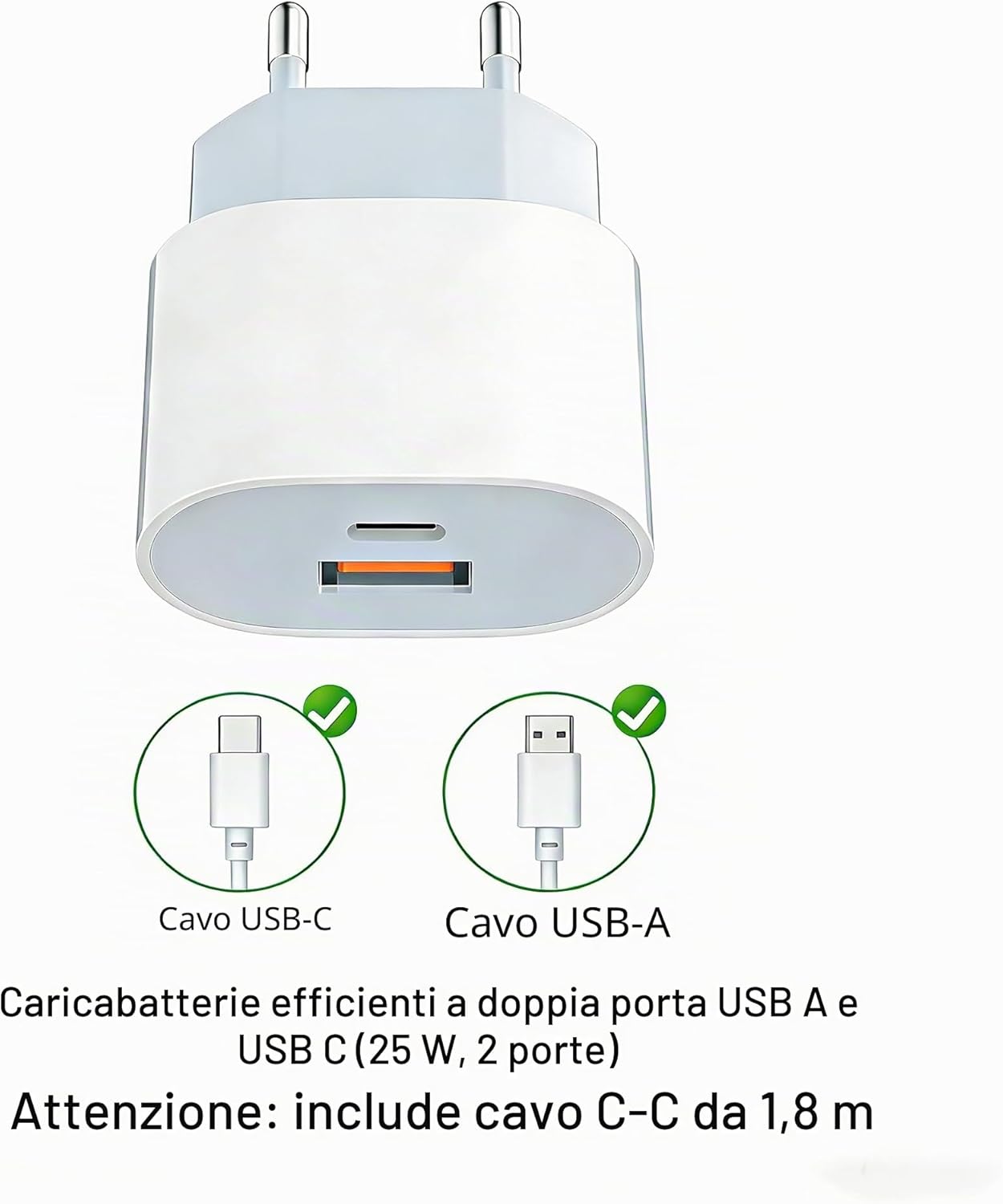 Detalle de Samneer caricabatterie rapido da 25W con cavo da 1,8 m, doppia porta USB-C e USB-A