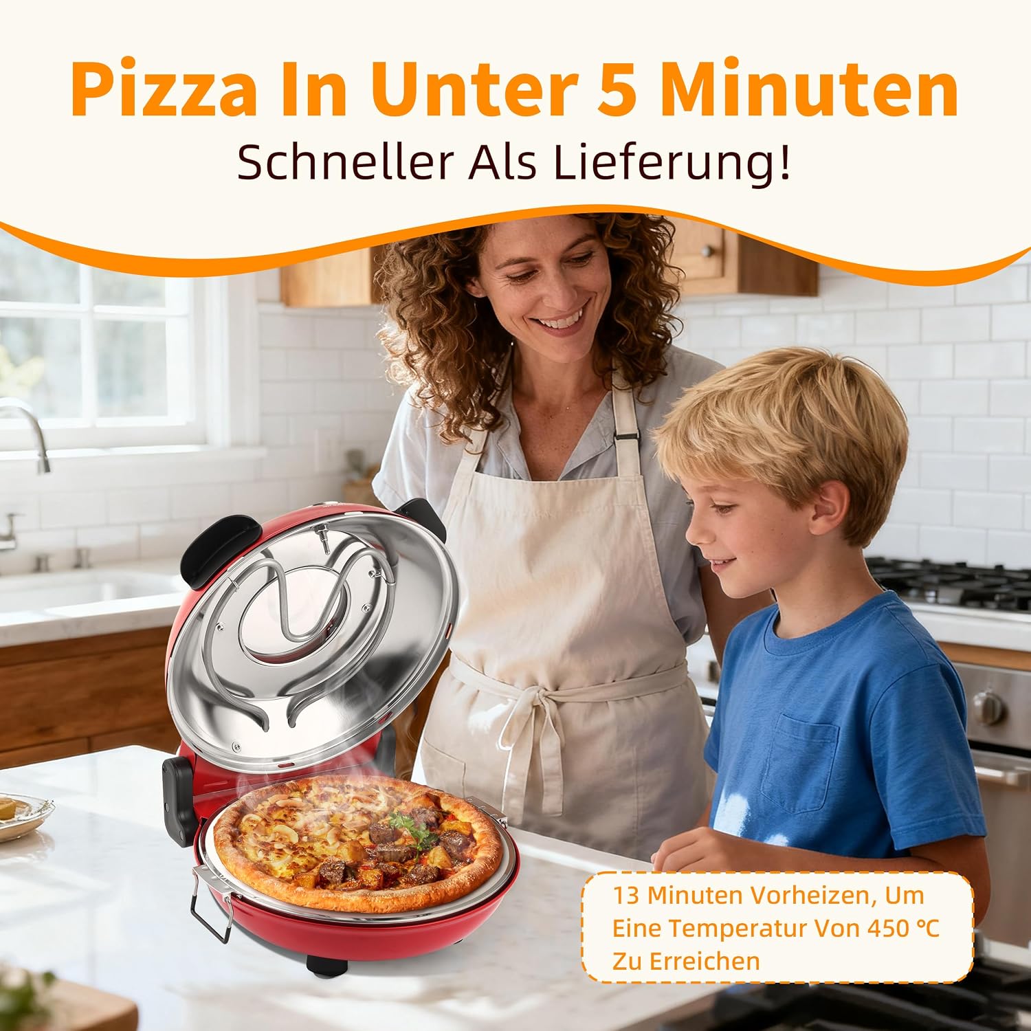 Detalle 2 de YIBAKE Elektrischer Pizzaofen mit Pizzastein (1200 W) bis 420 °C, 31 cm – für 4-Minuten-Pizzen