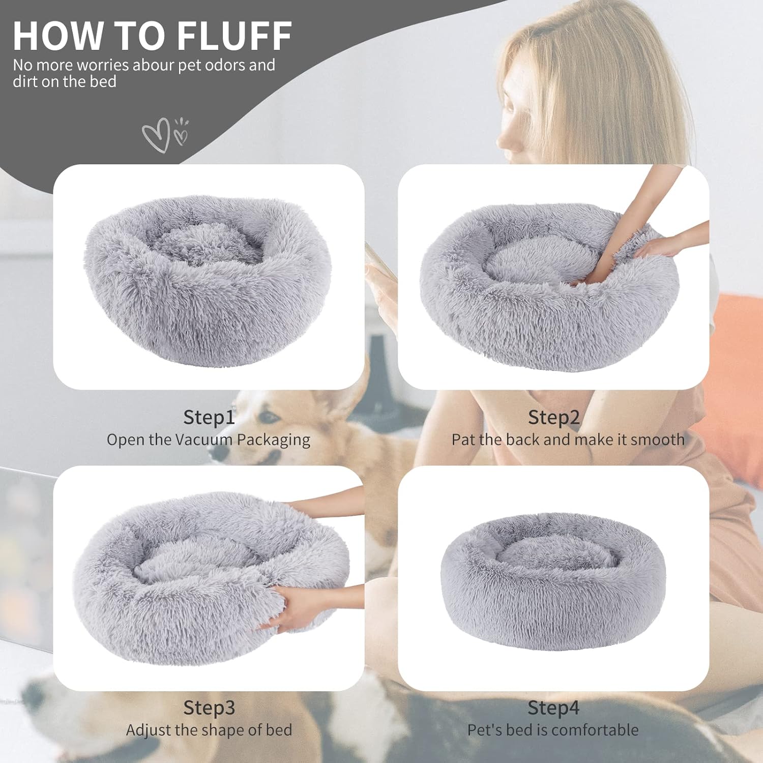 Thumbnail 4 de BVAGSS Donut-Hundebett rund für Katzen und Hunde – Flauschiger Plüsch, waschbar, Ø 60 cm (hellgrau)