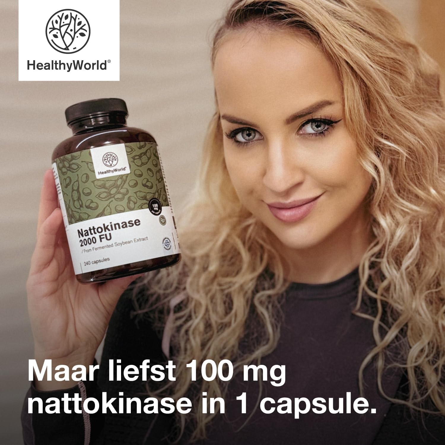 Detalle de HealthyWorld Nattokinase 2000 FU capsules, 100 mg, vegan, 240 stuks