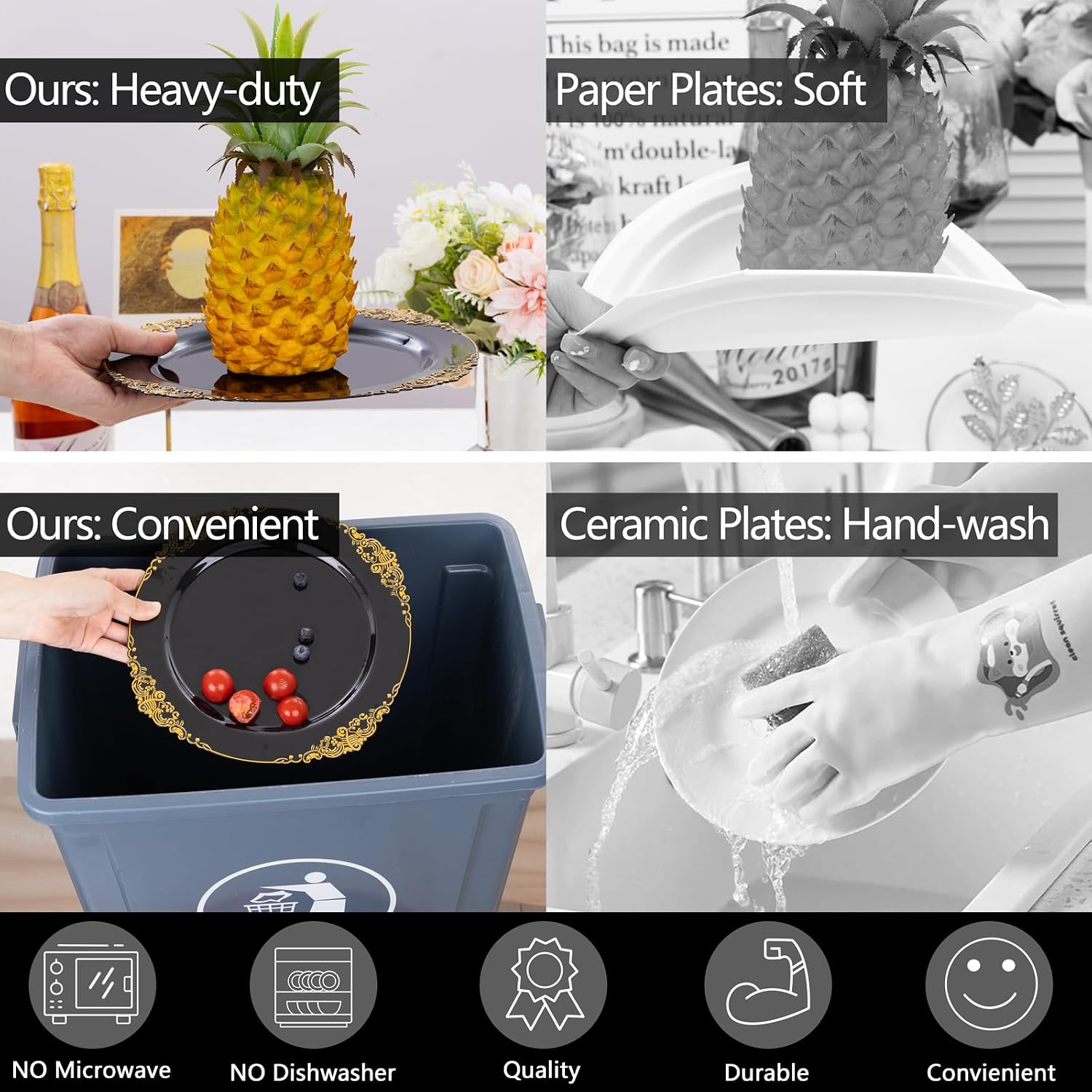 Detalle 2 de Hioasis 350pcs Black & Gold Party Plates Set for 50 Guests