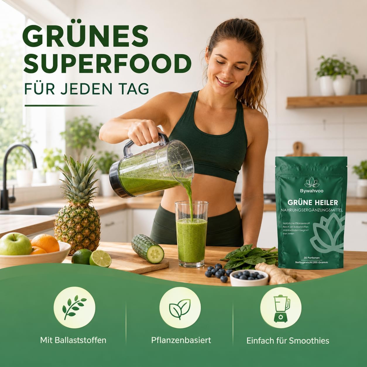Detalle de Grüne Entgiftungspulver 200g – Superfood Pulver mit Gerstengras, Spirulina & Heidelbeeren