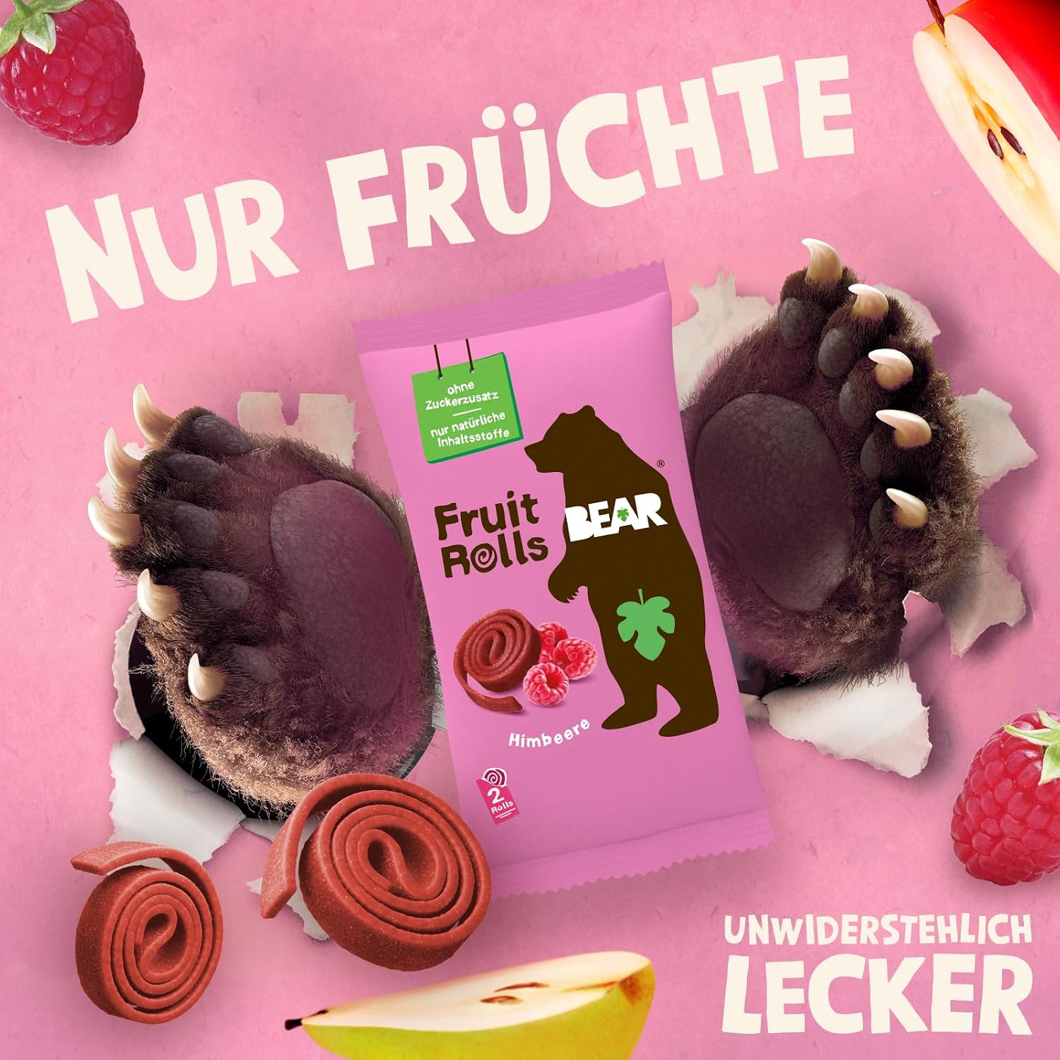 Detalle de BEAR Fruchtrollen Himbeere – 100% natürliche Fruchtsnacks, 18 Beutel, 360 g