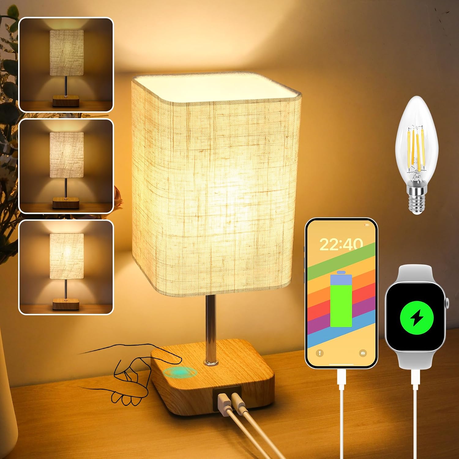 Detalle de Touch Bedside Table Lamp with Dimmable Touch Control and USB Ports (Beige Linen Shade, Wood Base)