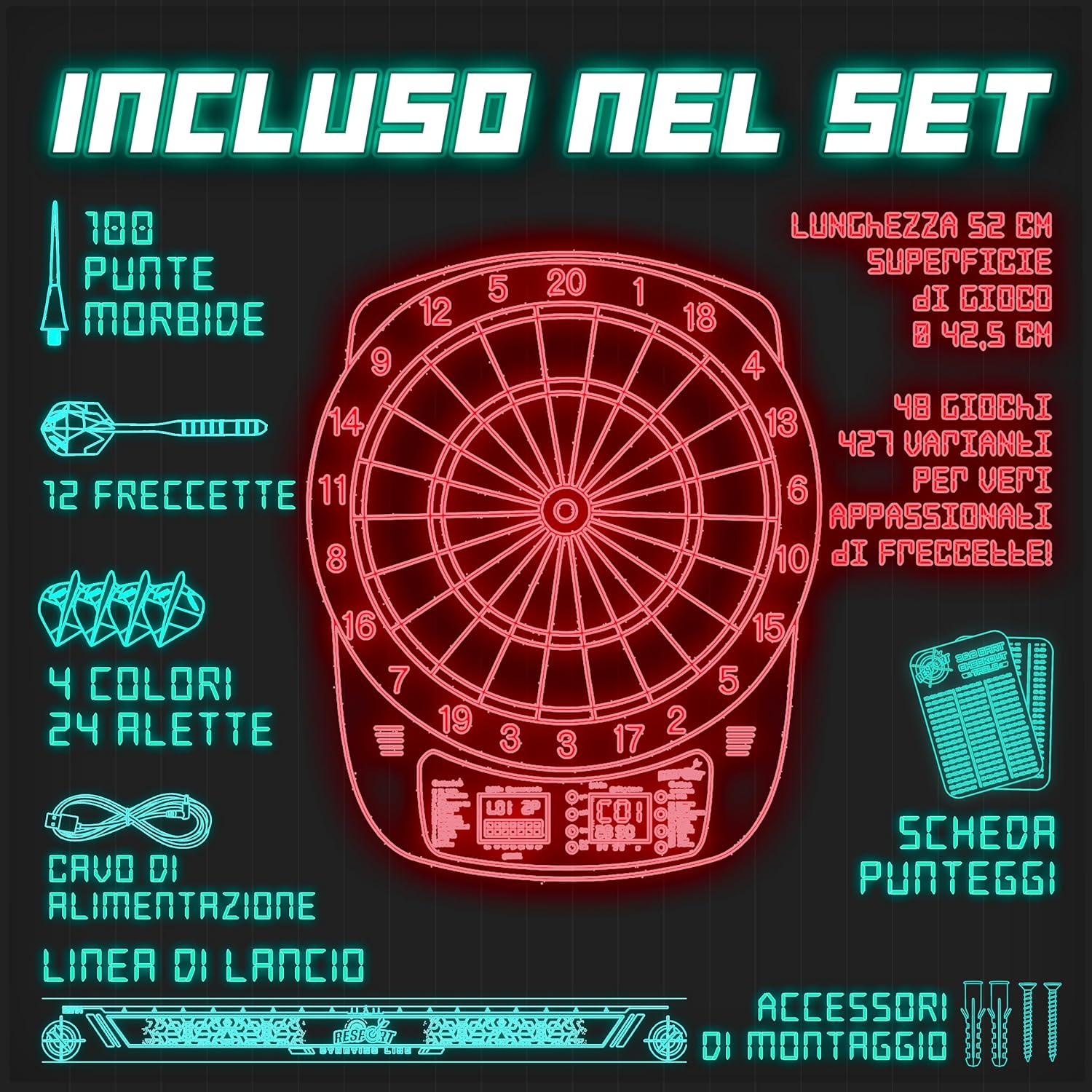 Thumbnail 3 de RE:SPORT Bersaglio elettronico per freccette – set professionale 1–8 giocatori