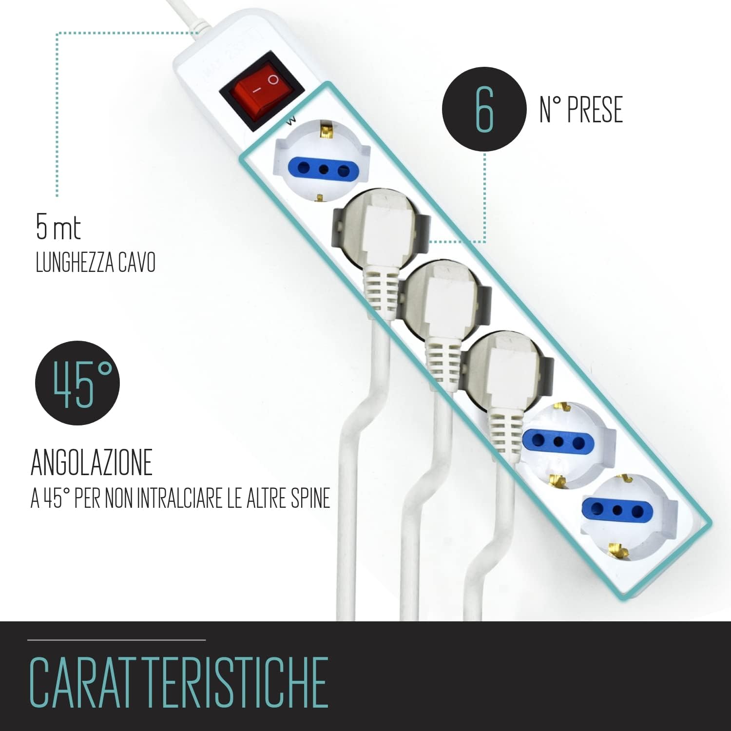 Thumbnail 3 de EW3922: Multipresa a 6 Posti con Prese Italiane 10A e Schuko, Cavo 5 m, Angolate 45°