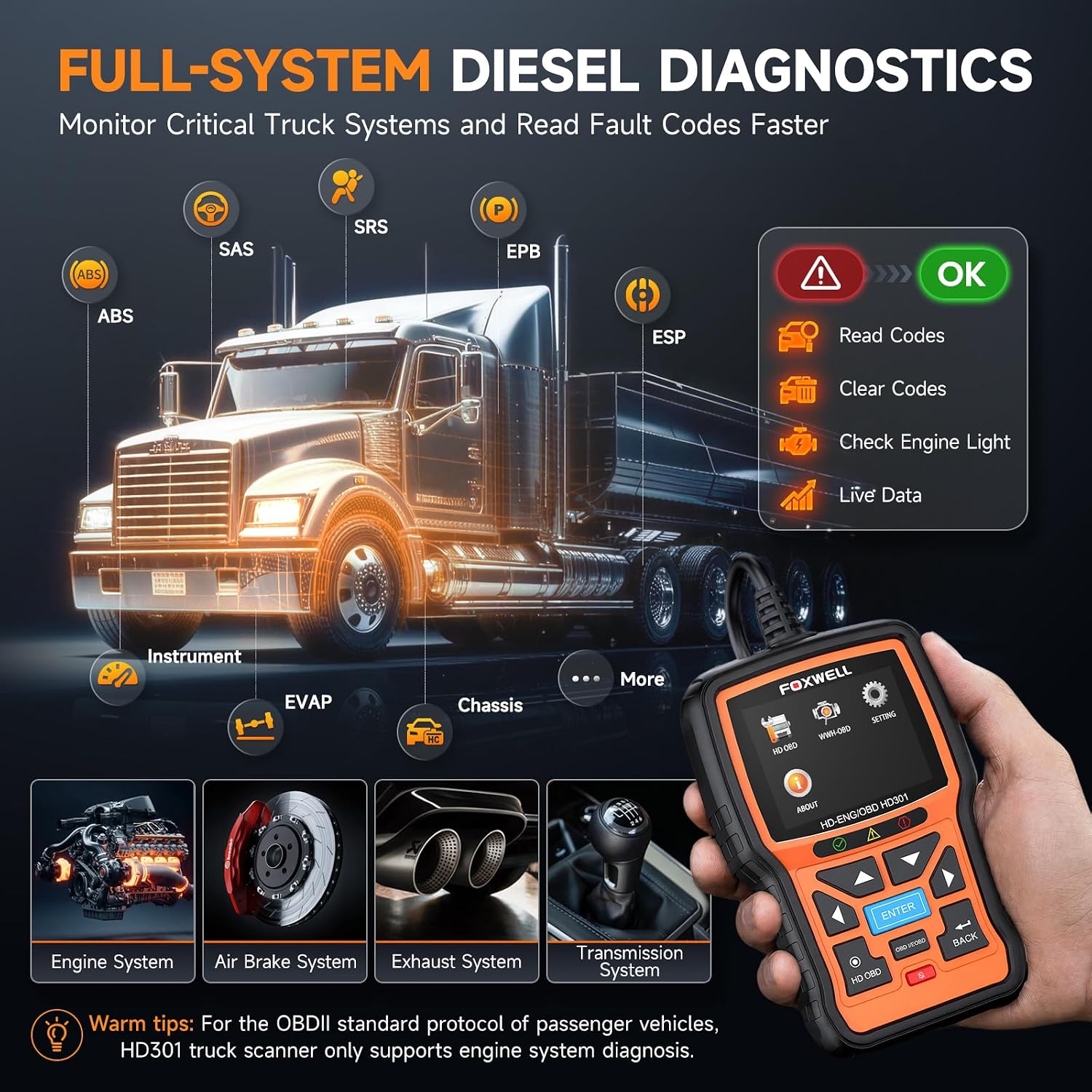 Detalle de FOXWELL HD301 Heavy Duty Truck Scanner: Full System Diesel Diagnostic Tool