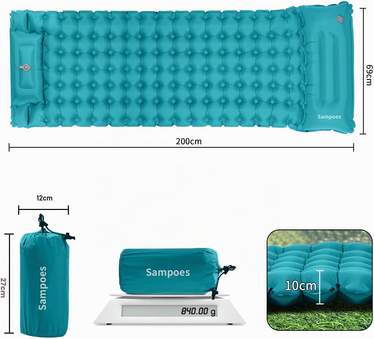 Detalle 2 de Sampoes GSAP02025 campingmatras met voetpomp, 10 cm dik en koppelbaar