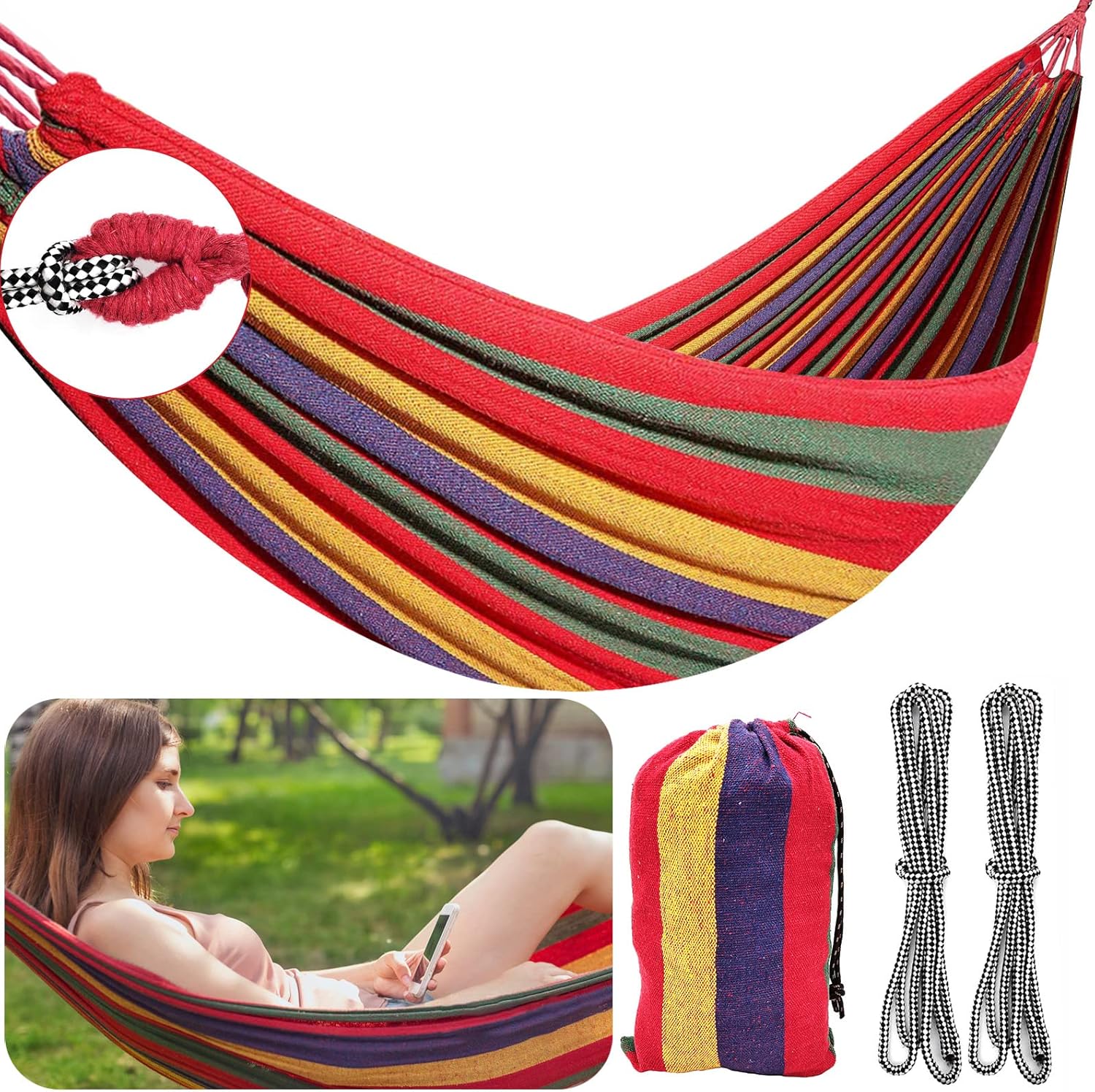 Detalle de FORYNXHWIN Cotton Hammock – 190x100cm Outdoor Single Hammock with Travel Bag