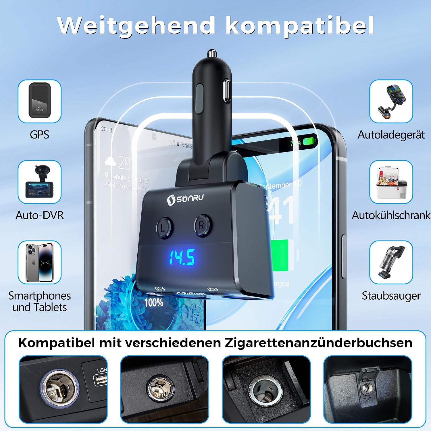 Thumbnail 6 de SONRU180W Zigarettenanzünder Verteiler 5 in 1 – 24/12 V Auto Ladegerät mit zwei USB-C Schnellladeanschlüssen