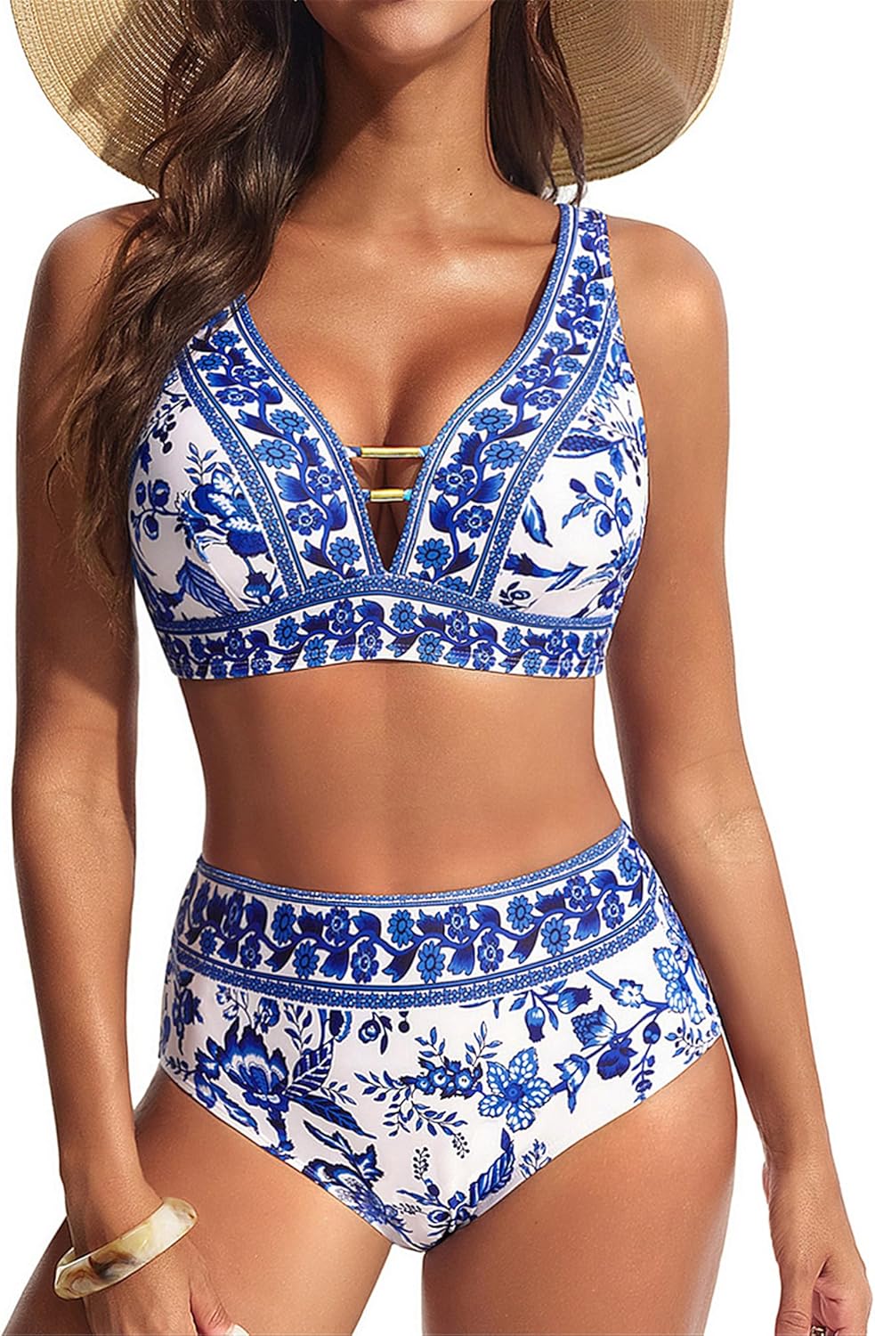 Detalle de Hanna Nikole Women’s High Waisted Bikini Set (Floral Print) with V-Neck & Cutouts, 2-Piece