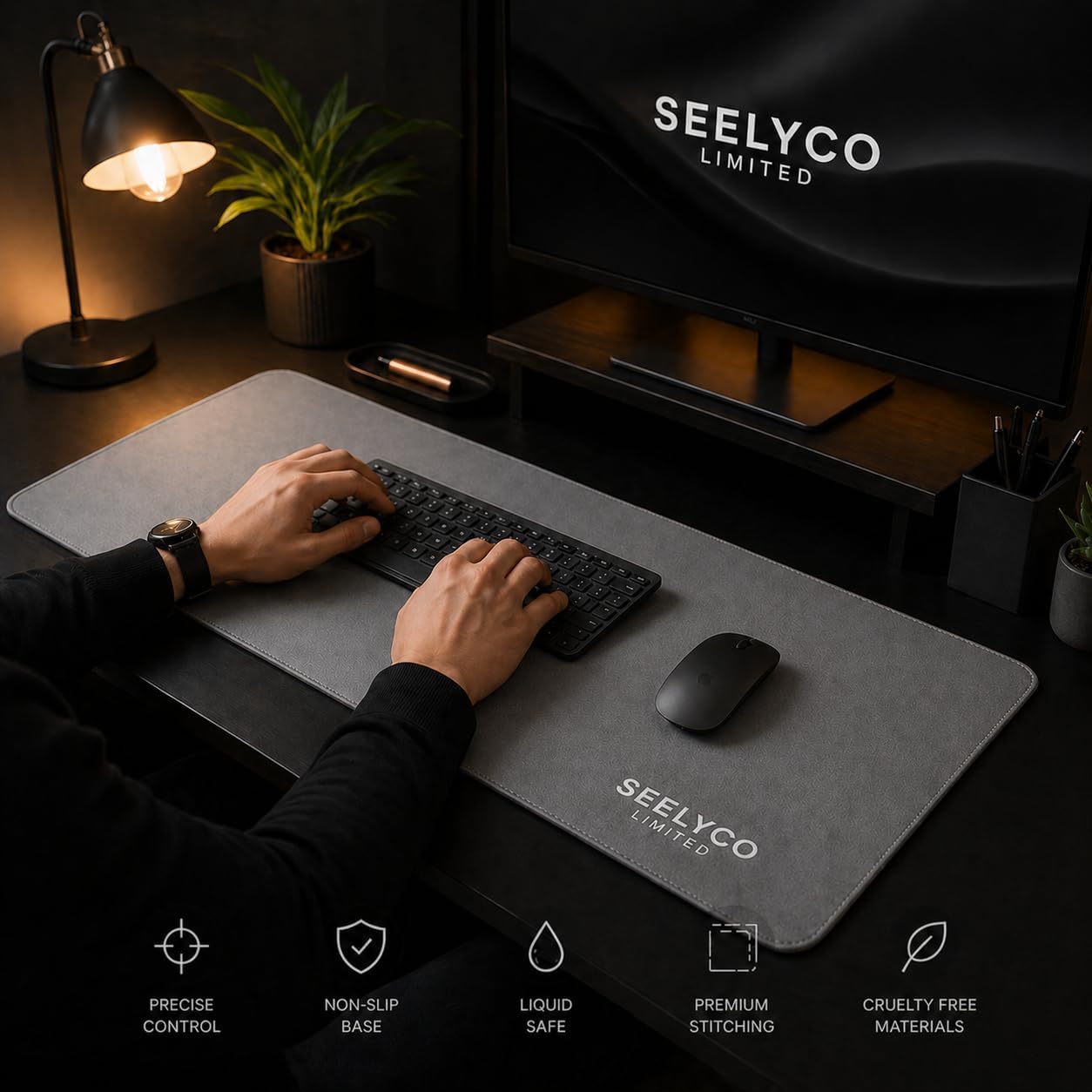 Detalle de Premium Vegan Leather Desk Mat 80x40cm (Slate Grey) – Non-Slip, Waterproof Desk Pad for Keyboard, Mouse & Laptop