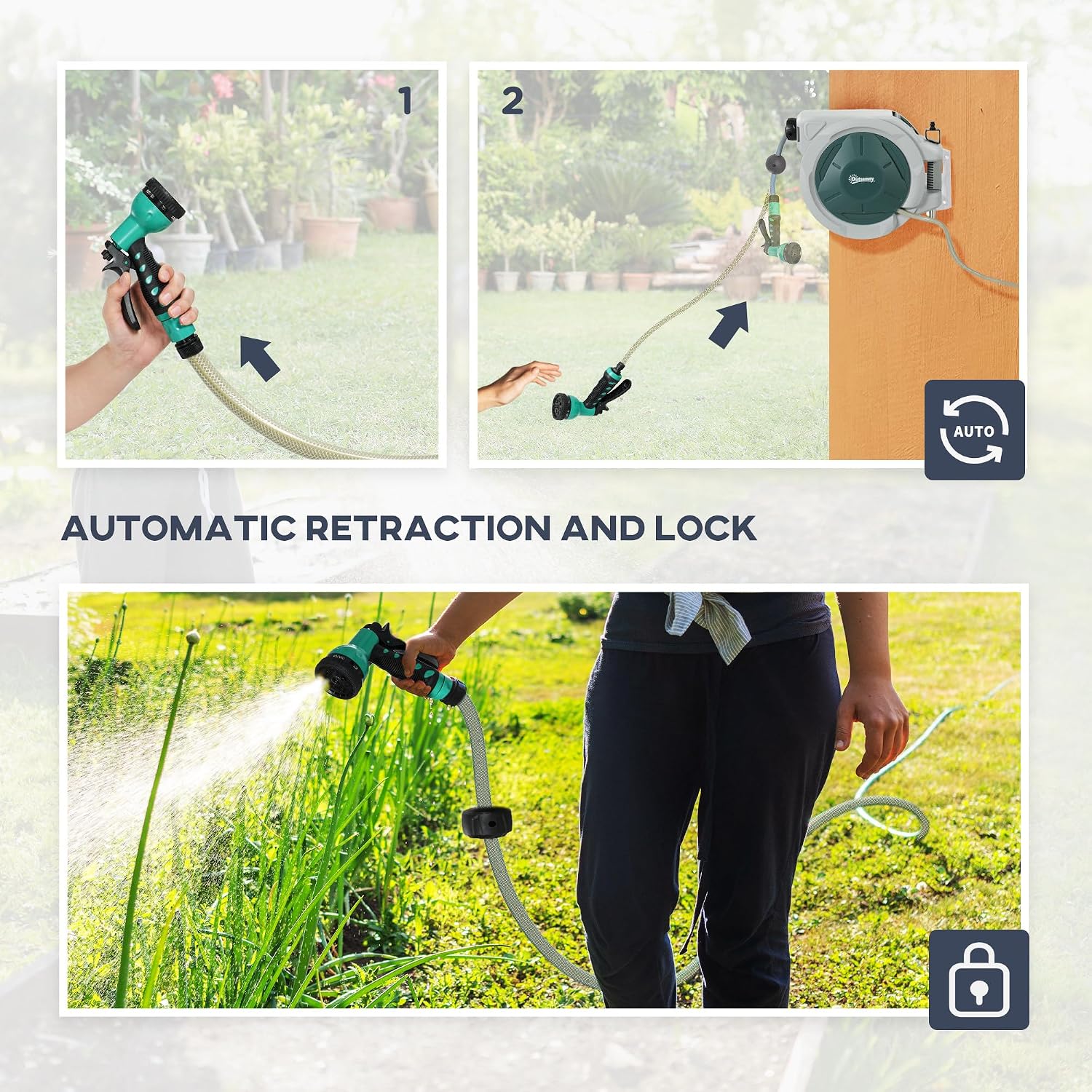 Thumbnail 5 de Outsunny 84H-323V01GN Retractable Hose Reel, 20m Hose, 180° Swivel