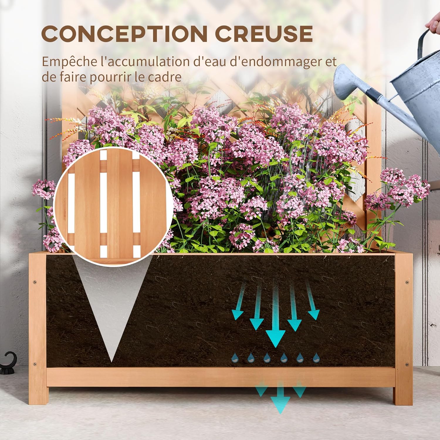 Detalle de Outsunny Jardinière sur pieds avec treillis en sapin pré-huilé – 76L x 36l x 170H cm, fond à lattes