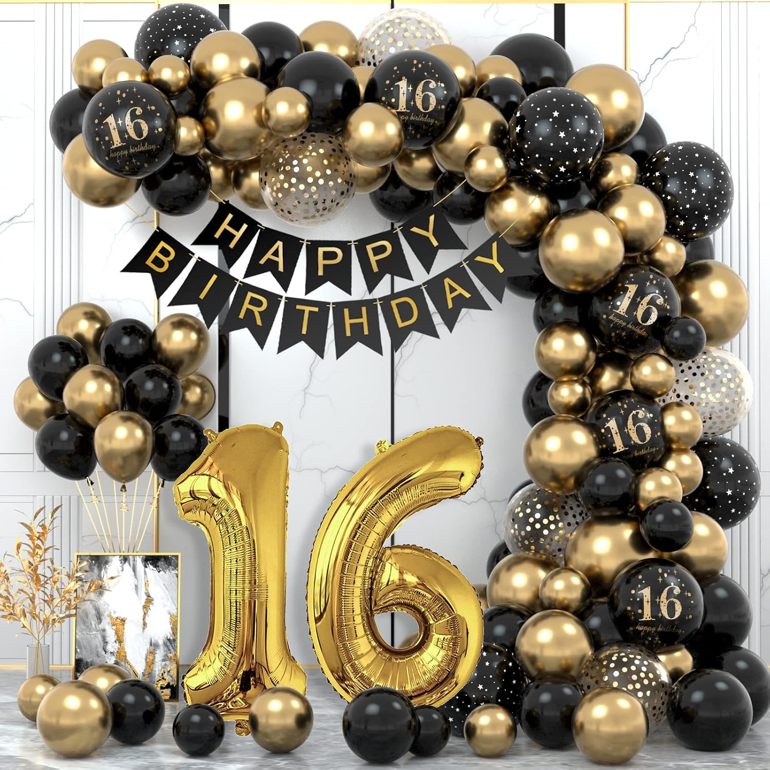 16 Geburtstag Deko-Set Schwarz-Gold für Jungen und Mädchen – Ballonbogen, Girlande & Konfetti-Ballon
