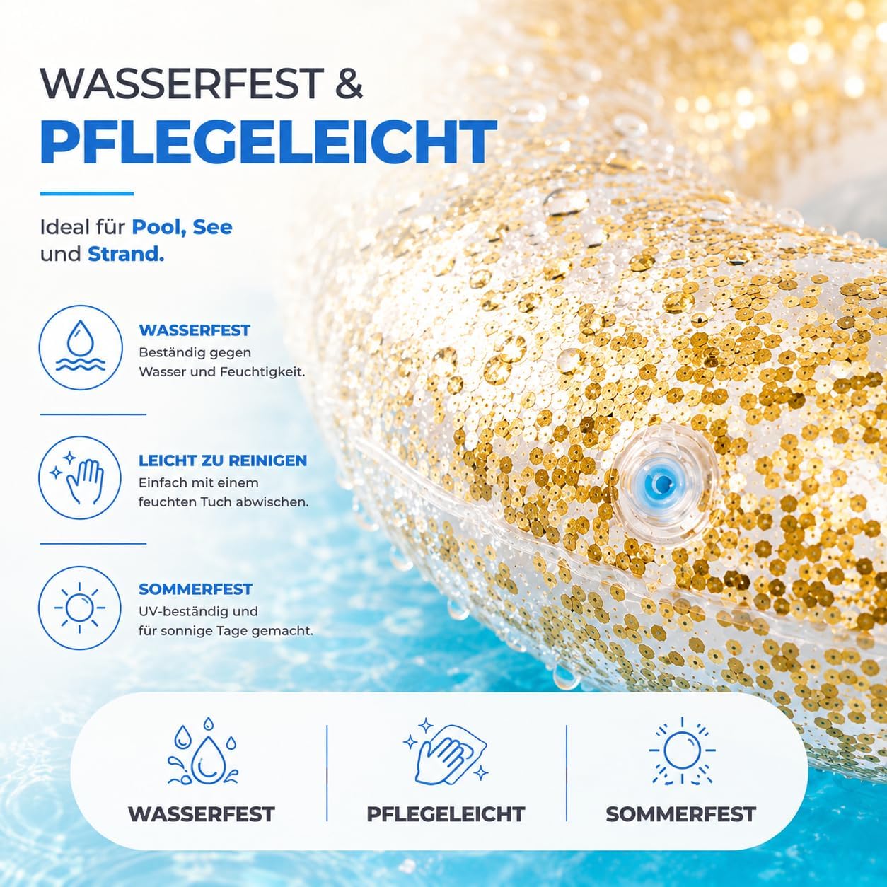 Detalle de Aufblasbarer Schwimmring – Glitzer-Luftmatratze für Pool, Strand und See