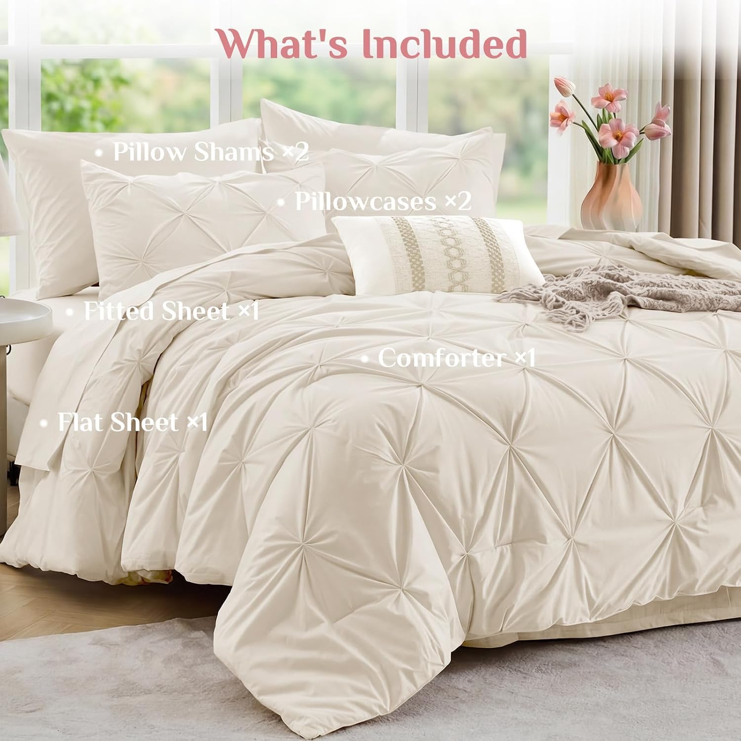 Thumbnail 6 de JOLLYVOGUE Queen Comforter Set (7-Piece Bed in a Bag) - Pintuck Design, Beige
