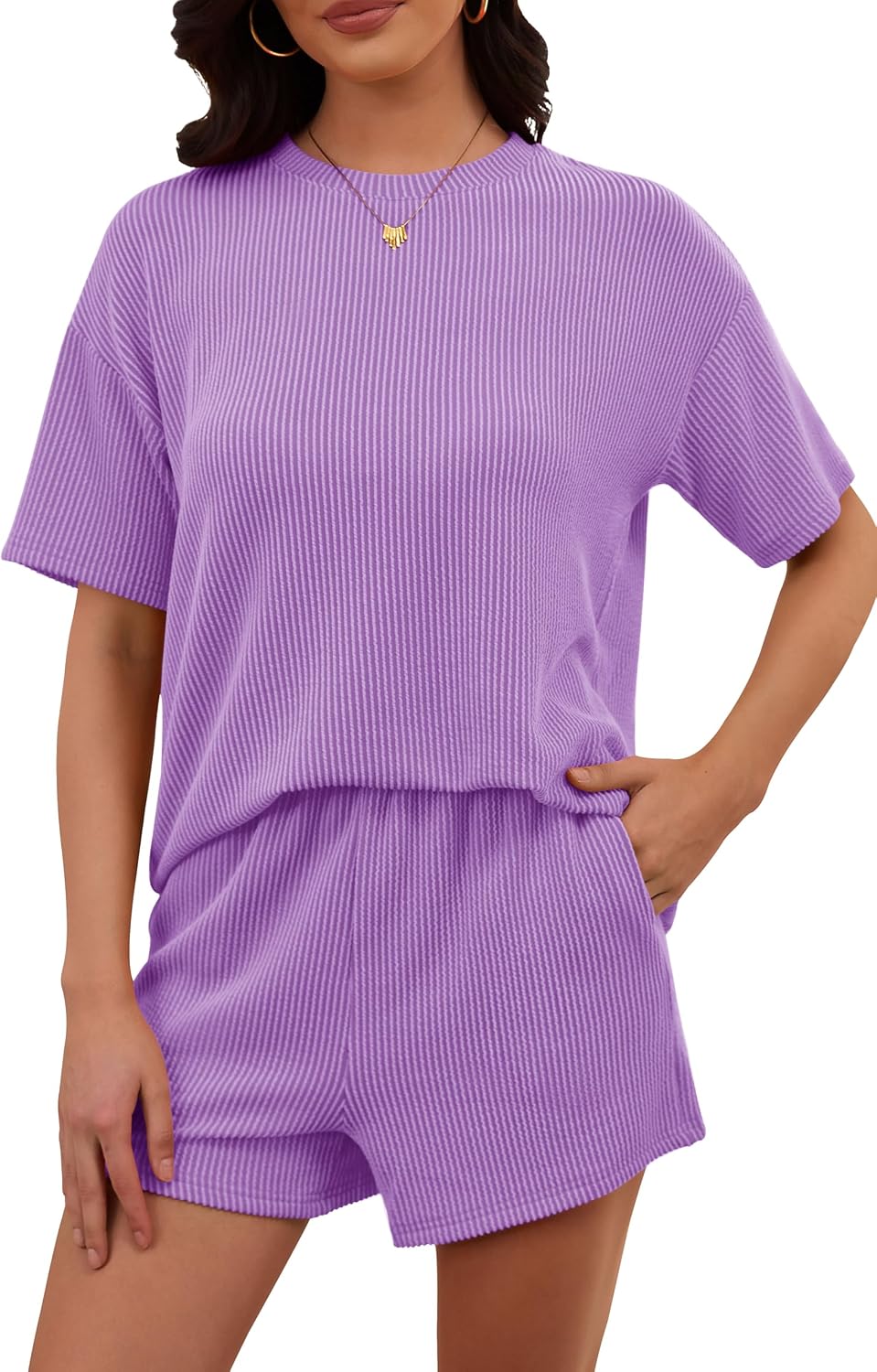 Detalle de RUBZOOF Women's 2-Piece Ribbed Knit Lounge Set: Short Sleeve Top and Shorts