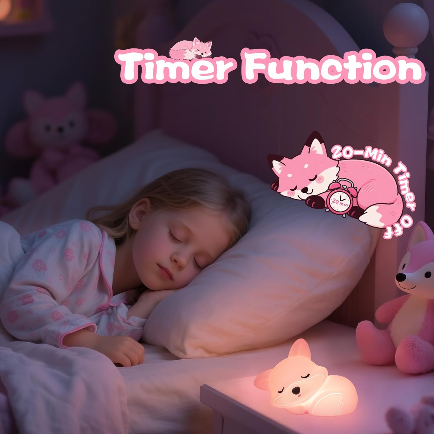 Thumbnail 2 de YuanDian Fuchs-Nachtlicht für Mädchen – weiche rosa Silikonlampe mit Touch, Timer und Akku