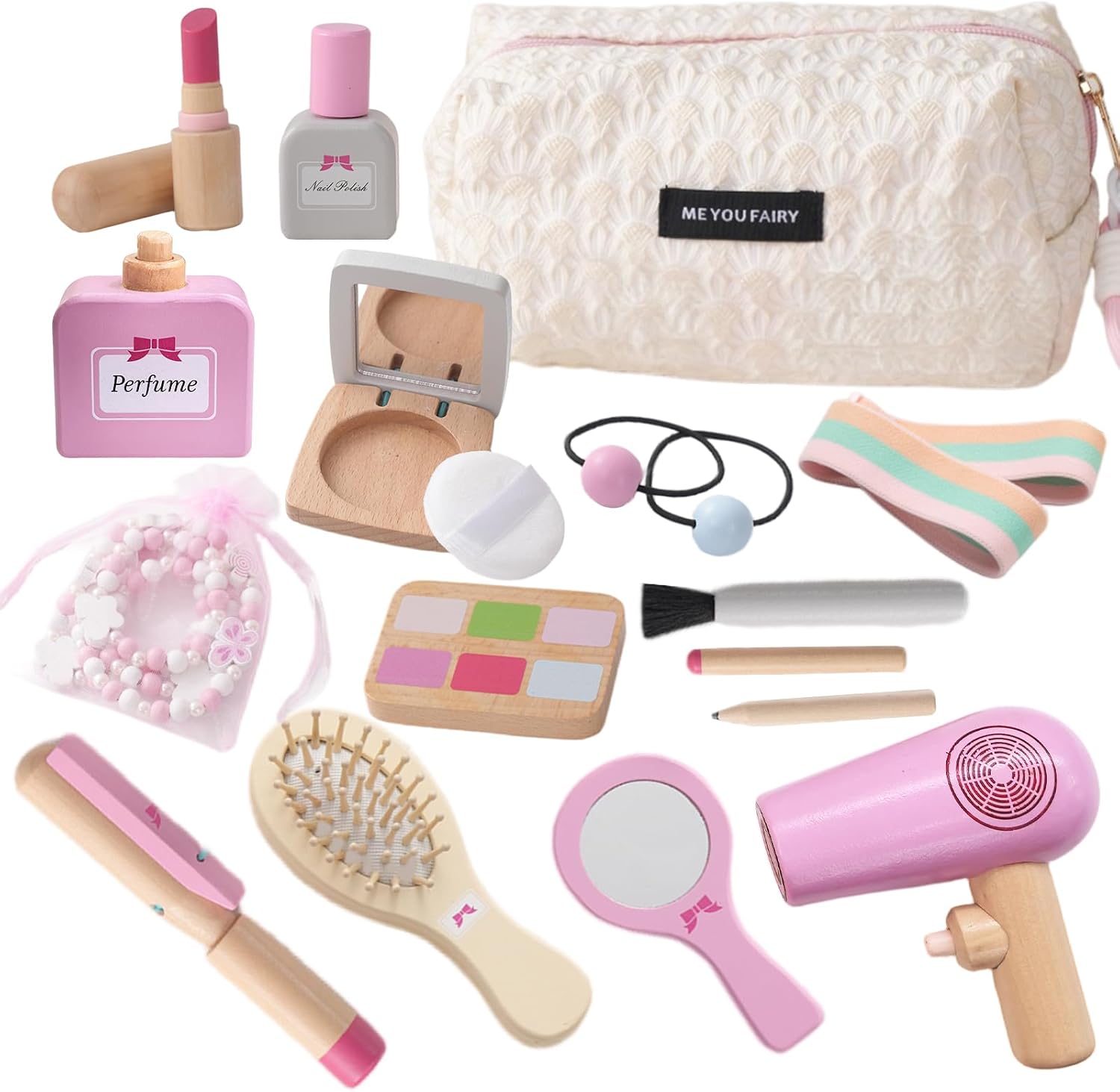 Detalle de Smartwo Wooden Pretend Makeup, Hairdressing and Jewellery Set (19-piece) for Toddler Girls, Ages 3–6