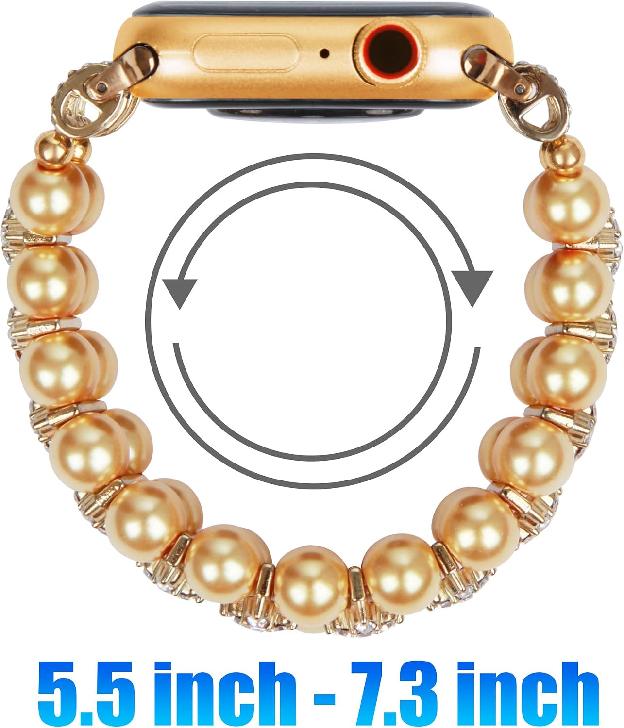 Detalle de GEMEK Pearl Bracelet for Apple Watch – Bling Diamond & Pearl Stretch Band (Shiny Gold)