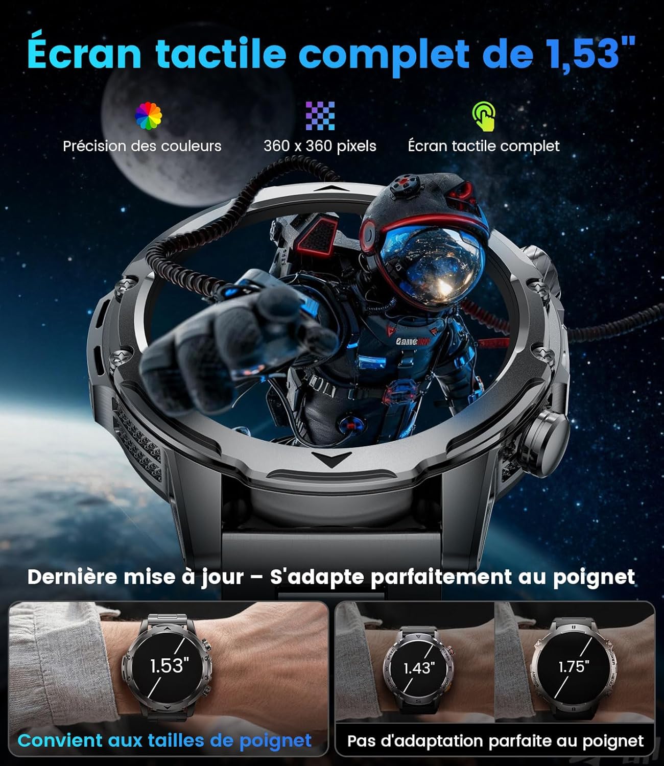 Detalle de FITFLEX Montre Connectée pour Homme – Écran 1,53'' HD, Appels Bluetooth, 120+ Sports, IP68, Batterie 1000 mAh
