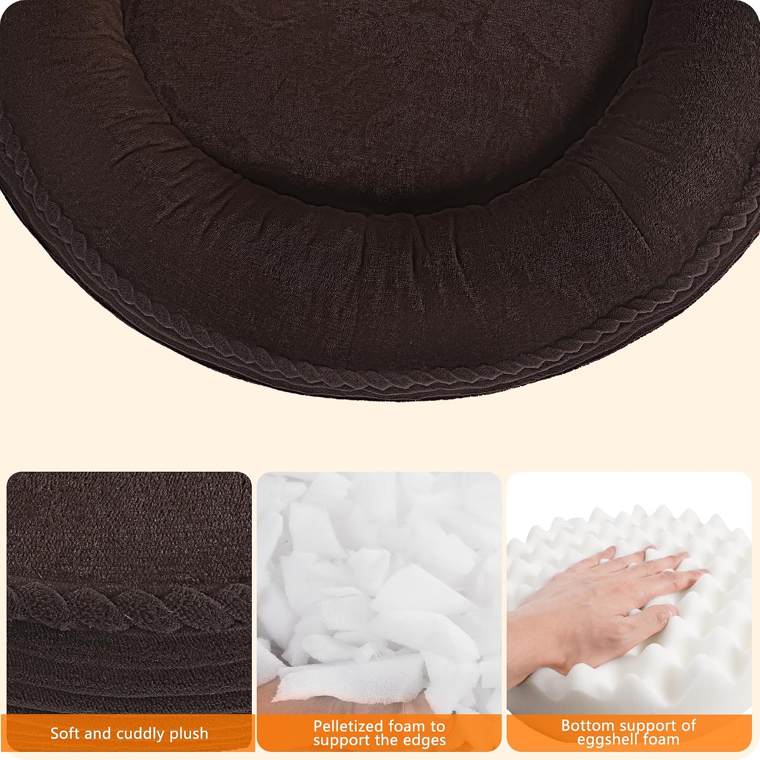 Detalle de HMTOPE Hundebett Mittelgroße Hunde, Katzenbett rund Ø 80 cm – waschbar, rutschfest, braun