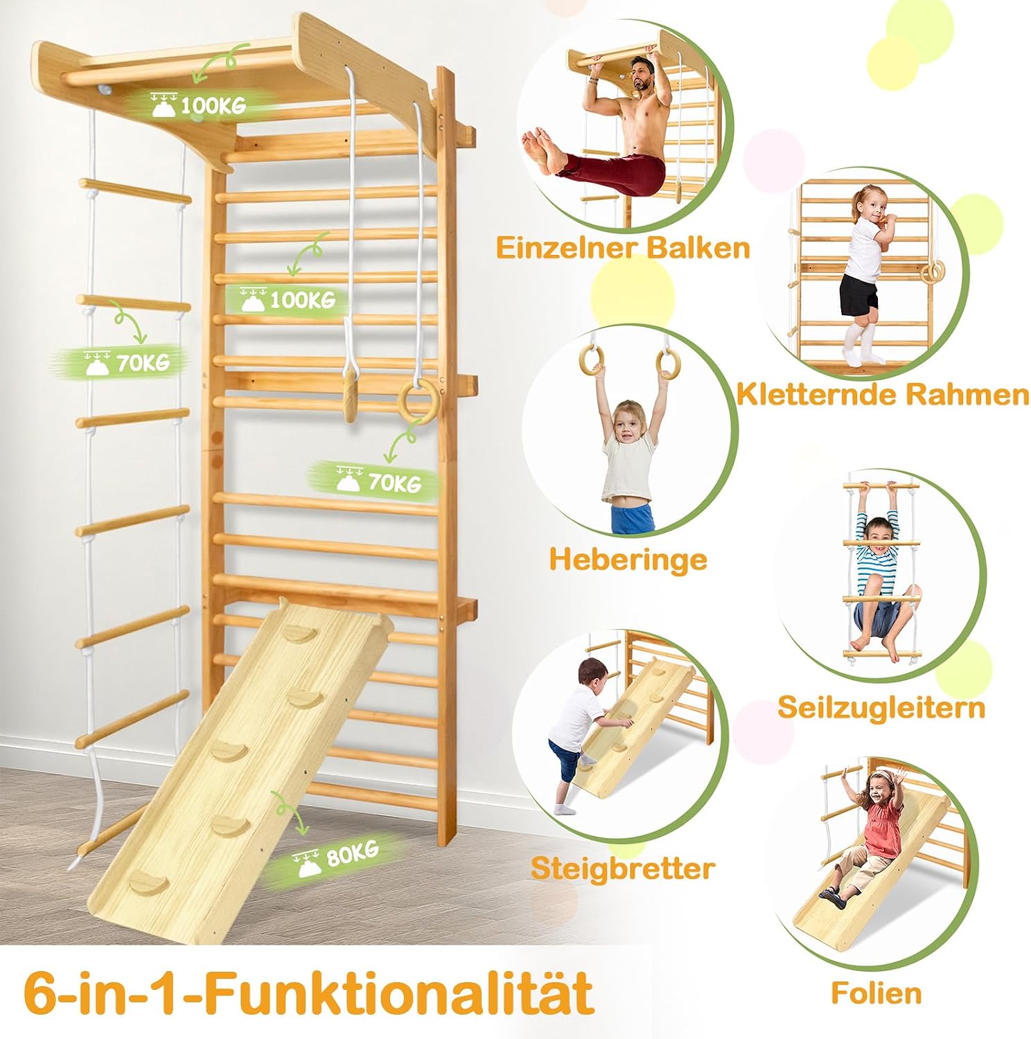 Detalle de LARS360 Multifunktions Sprossenwand Set – Holz-Klettergerüst für Kinder ab 3 Jahren