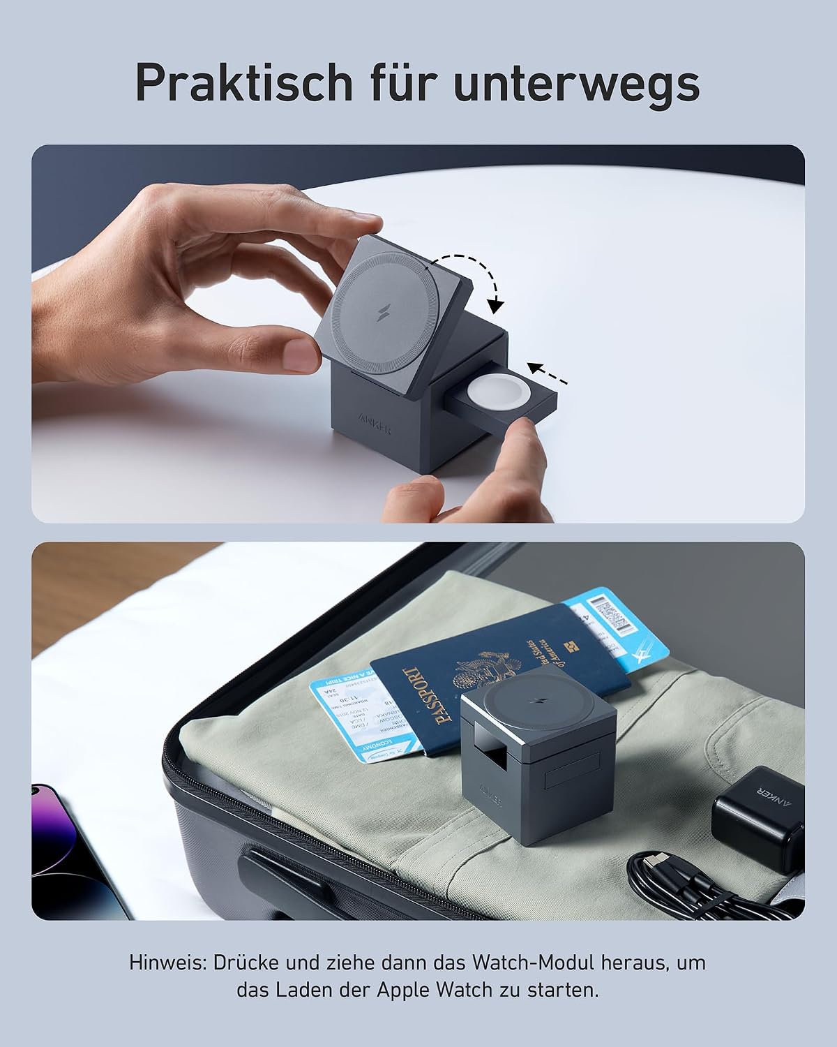 Detalle 2 de Anker 3‑in‑1 Cube MagSafe Ladegerät 15W 🔌